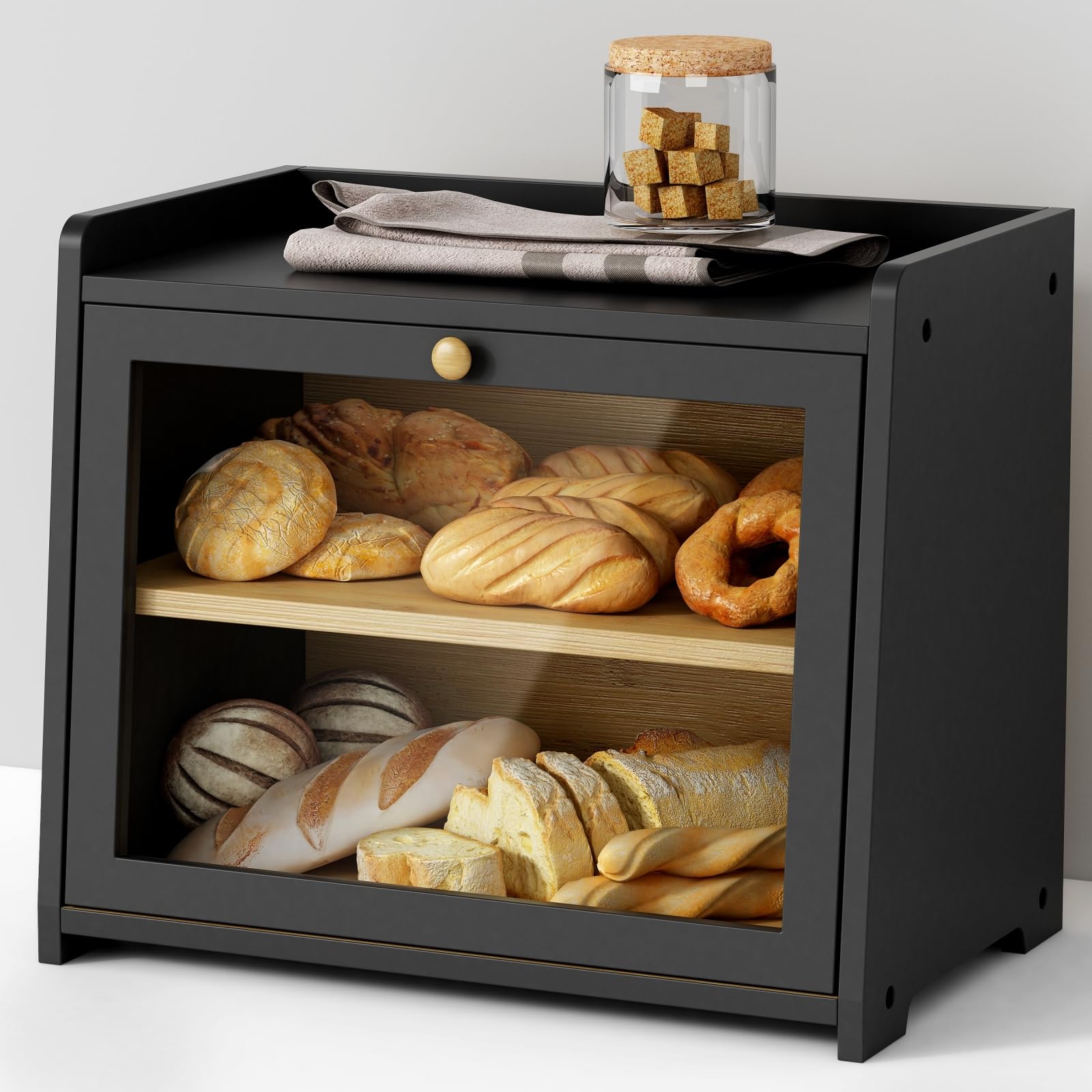 Goozii Black Bread Box For Kitchen Countertop, Large Bread Storage Container For Homemade Bread, Wood Farmhouse Breadbox Organiz
