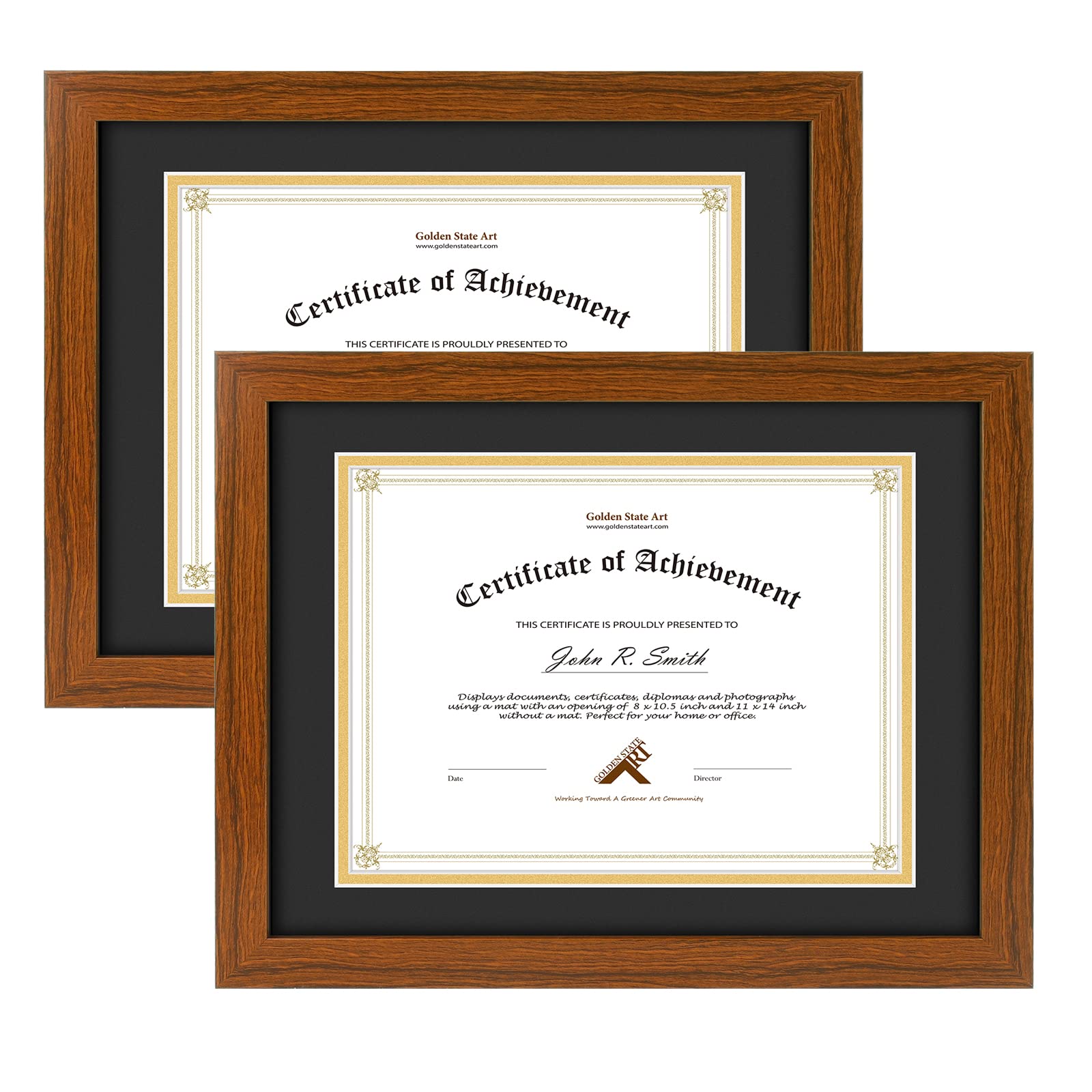 Golden State Art, 11x14 Diploma Wood Frame for 8.5x11 Document & Certificates, Real Glass (Brown with Black/Gold Double Mat, 2 P