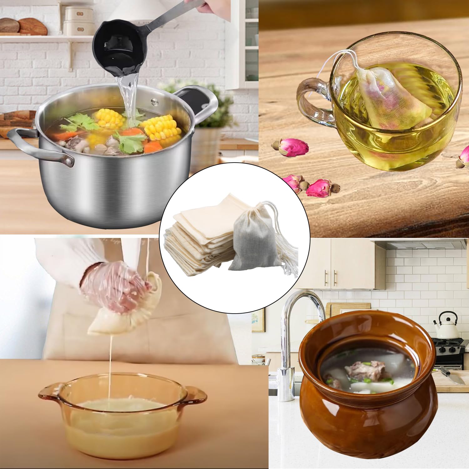 20Pcs Reusable Tea Filter Bags,Soup Bags,Bone Broth Brew Bags,Spice Bags,Muslin Strainer Bags,Natural Unbleached Cotton Cheesecl