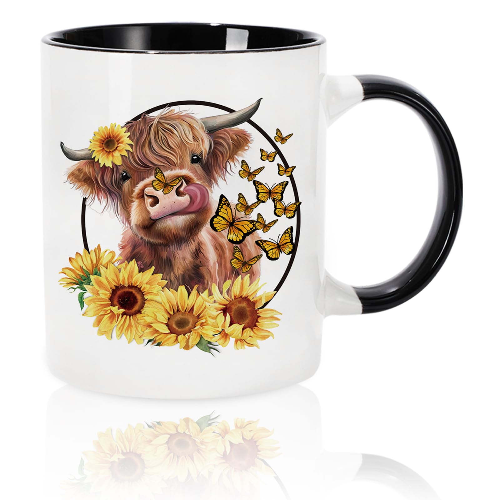 Whaline Highland Cow Mug Cute Cow Sunflower Butterfly Coffee Mug Ceramic Farmhouse Party Cup for Home School Office Table Center