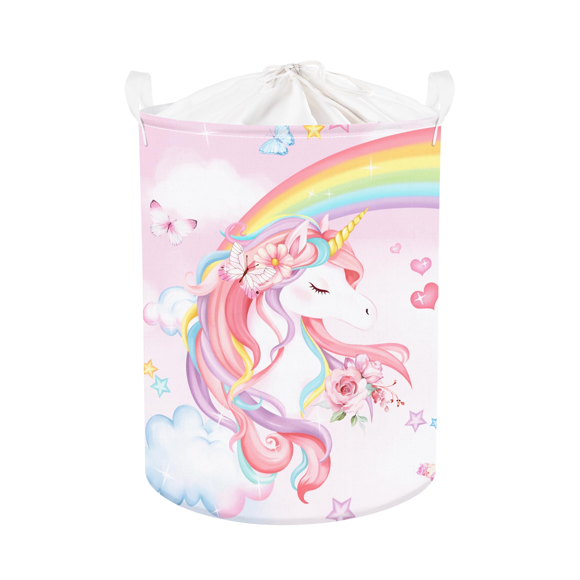 Clastyle Large Rainbow Unicorn Kid Laundry Hamper For Girl Collapsible Pink Flower Clothes Toy Storage Basket With Lid For Nurse