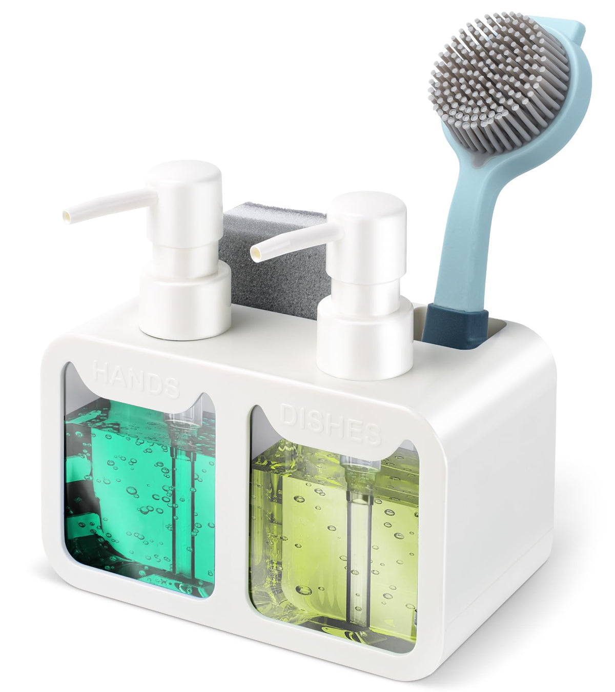 Kitchen Hand Soap And Dish Soap Dispenser Set, Dual Soap Dispenser With Sponge Caddy And Brush Holder 4-In-1 Organizer For Kitch