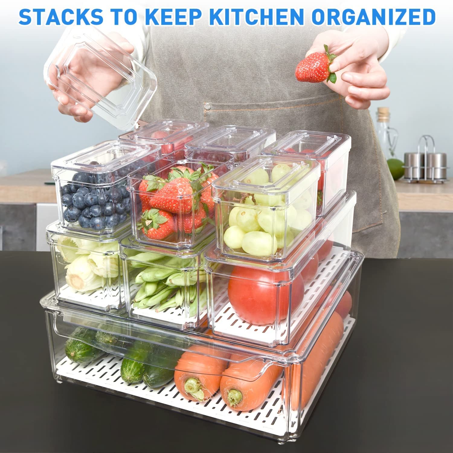Pomeat 10 Pack Fridge Organizer  Stackable Refrigerator Organizer Bins with Lids  BPA-Free Produce Fruit Storage Containers for Storage Clear for Food  Drinks  Vegetable Storage