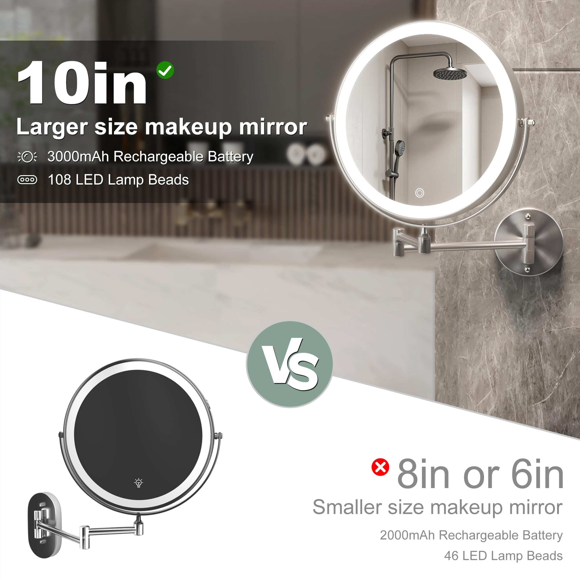 Hasipu 10-Inch Wall Mounted Makeup Mirror With Magnification, Rechargeable 3000 Mah Vanity Mirror With Lights, Bathroom Mirror W