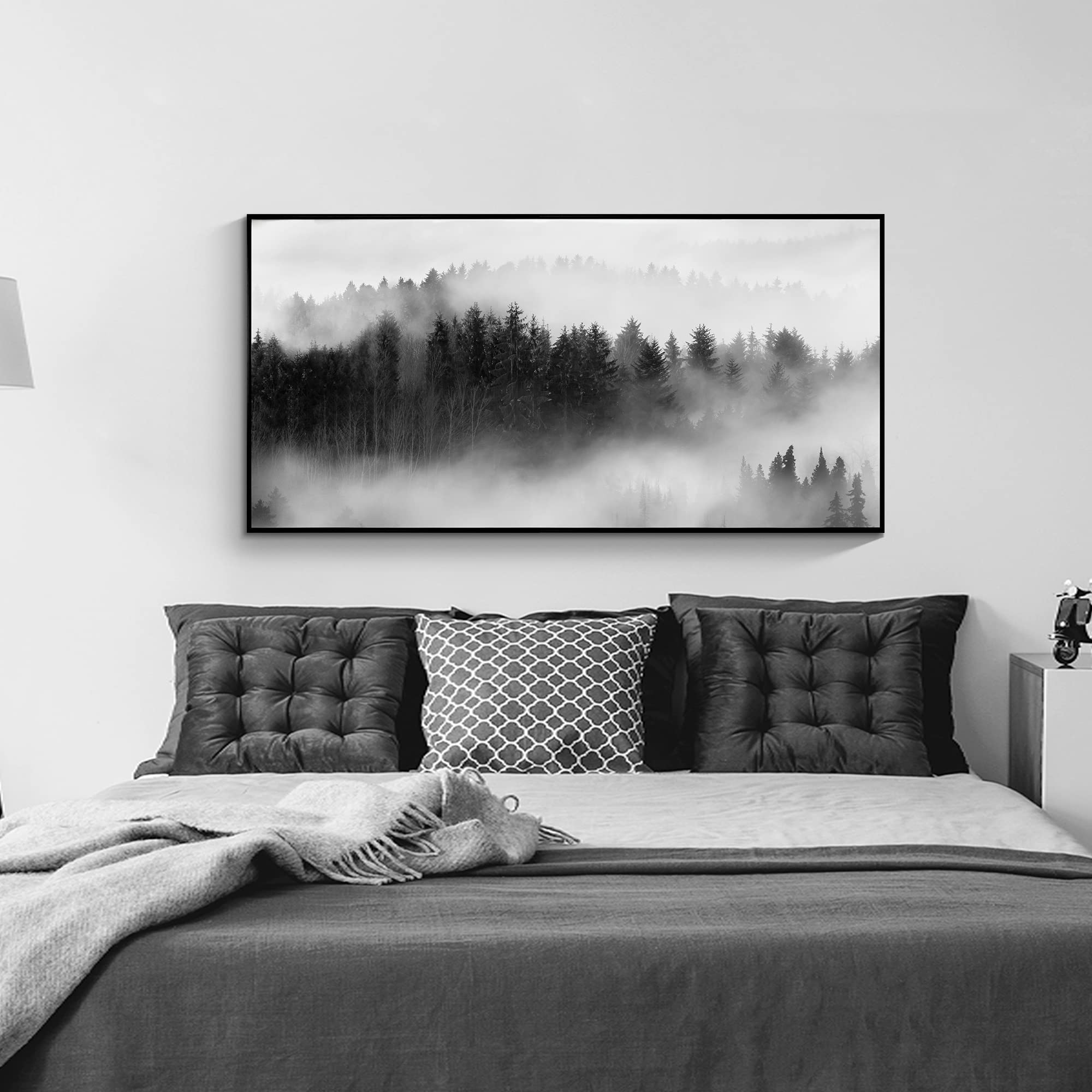 Foggy Forest Framed Wall Art: Landscape Canvas Print Black & White Picture Artwork For Wall (48''W X 24''H)