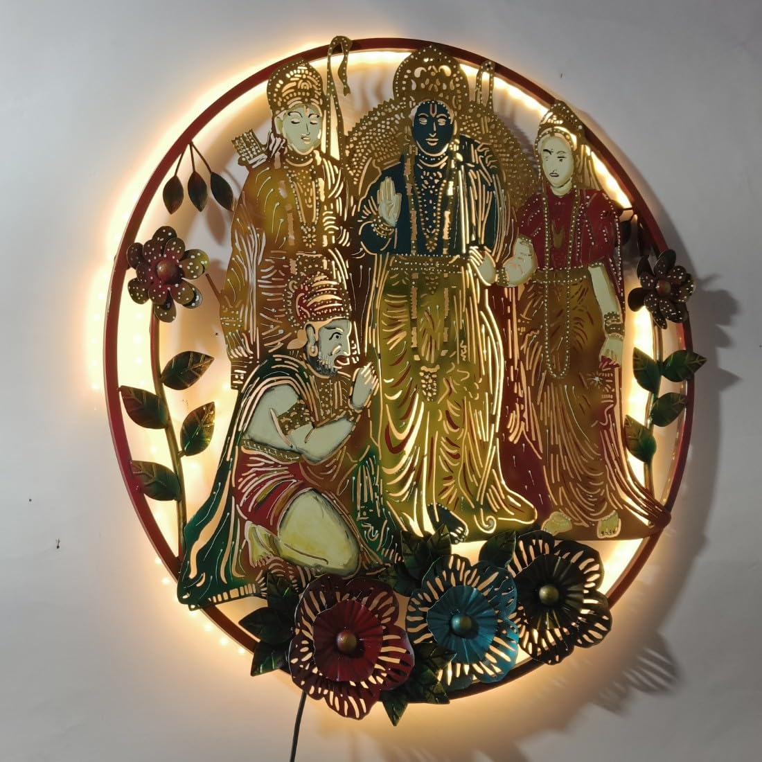 HANSART Metal Wall Art with LED, Depicting Shri Ram, Laxman, Sita and Hanuman (29 x 29 Inches)