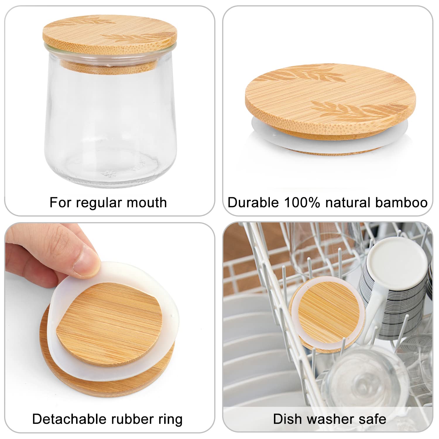 Mason Life Bamboo Jar Lids Set - 4Pcs Silicone Sealing Rings, Leaf Pattern for 5 Oz Yogurt Jars, Model QUI-Lid