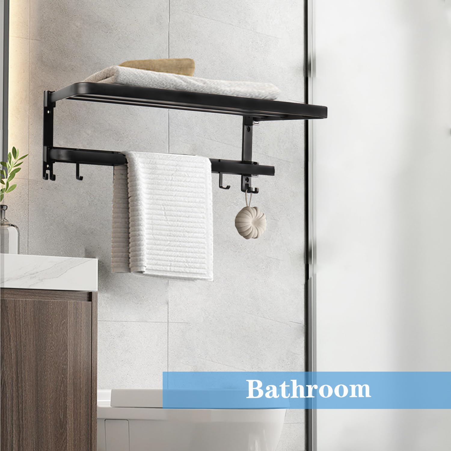 Vanloory Towel Racks For Bathroom, Foldable Towel Shelf With Towel Bar & 7 Towel Hooks, Rustproof Double Bath Towel Holder Wall