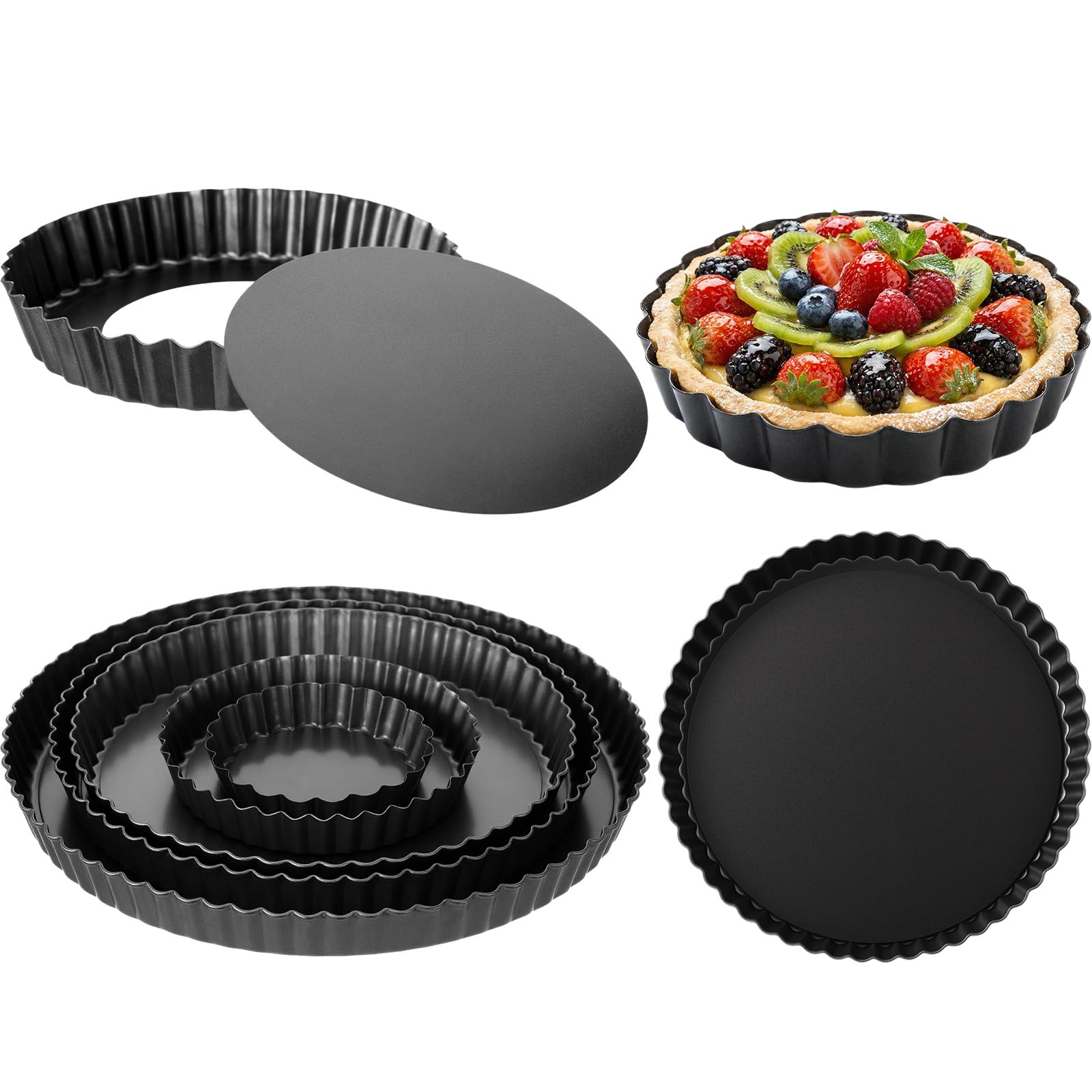 Yiyiring 5 Packs Pie Tart Pans with Removable Bottom 4 6 9 10 11 Round Nonstick Quiche Pan Bakeware Pie Tart Molds Steel Flan 