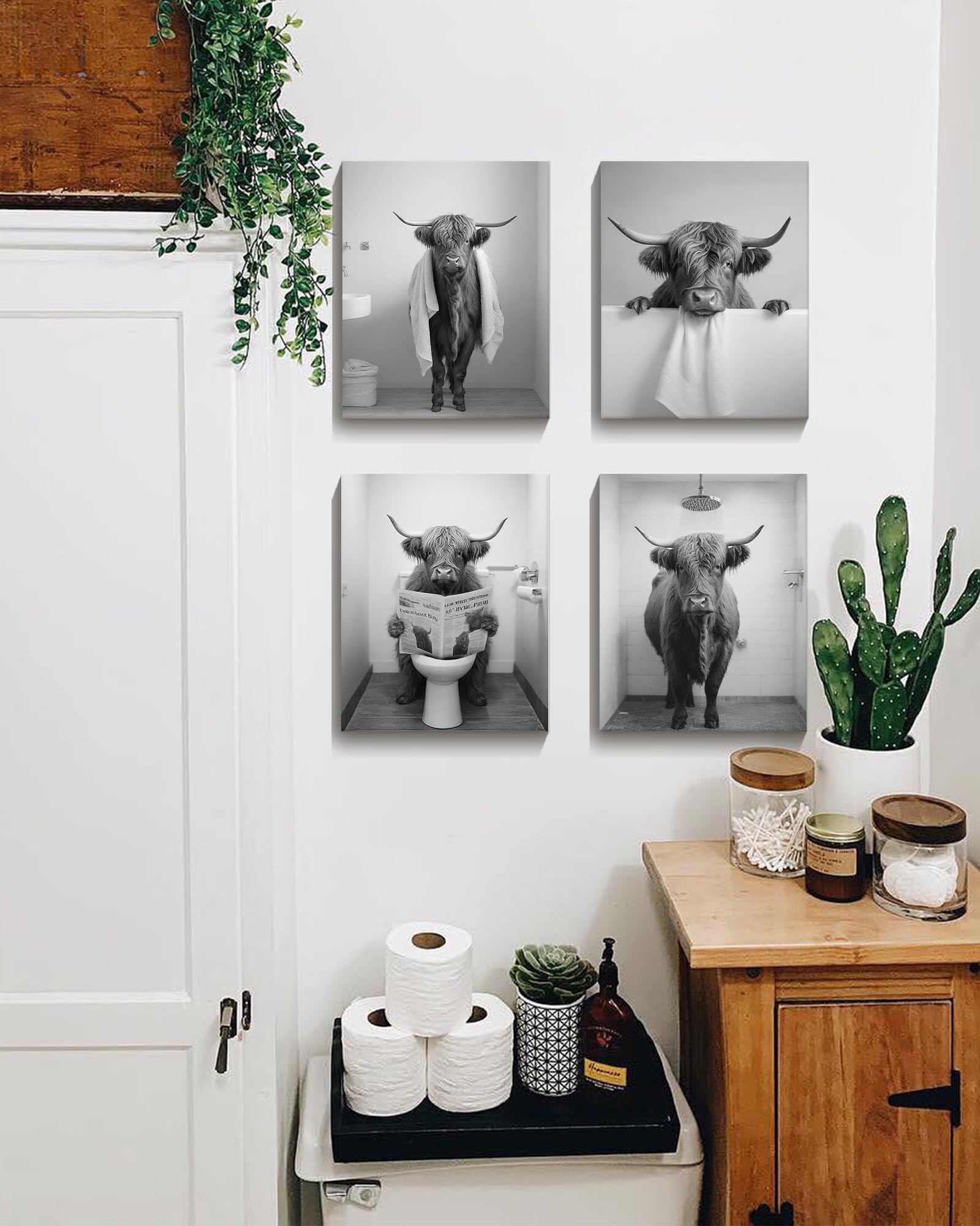 Funny Highland Cow Bathroom Wall Art Framed Black And White Rustic Cute Bathroom Canvas Prints For Bathroom Restroom Decor 12X16