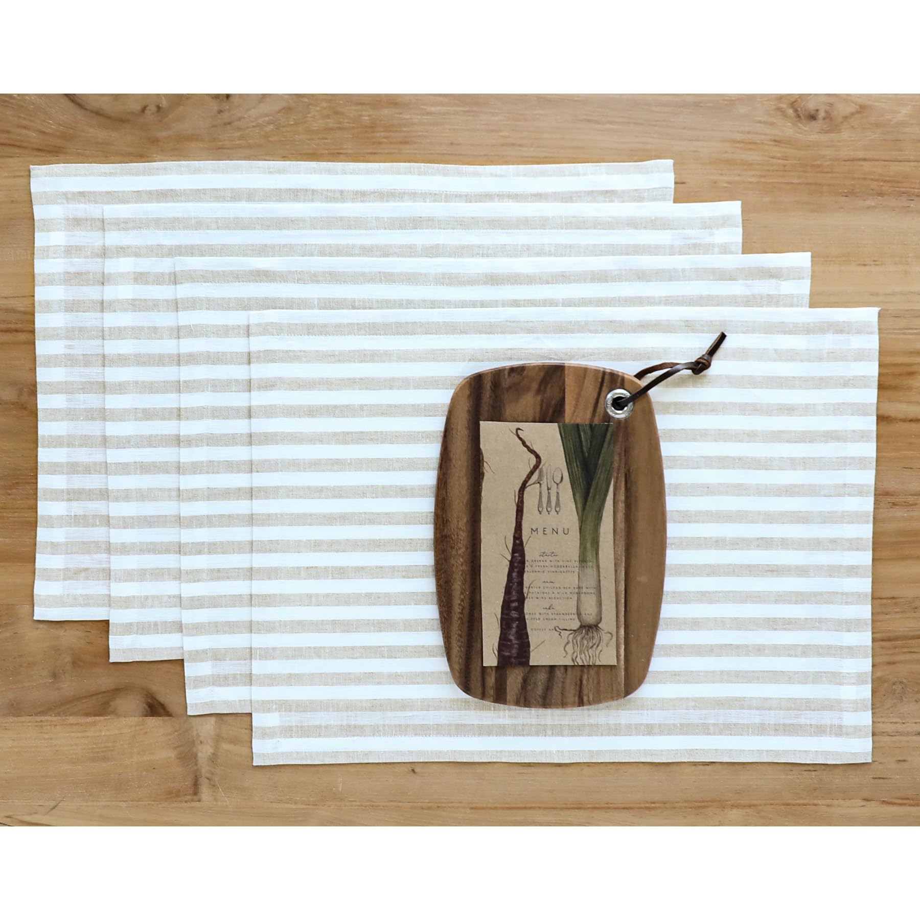 Solino Home Stripe Linen Placemats Set Of 4 - 100% Pure Linen Natural And White Placemats 19 '' L X 14 '' W Inch - Farmhouse Was