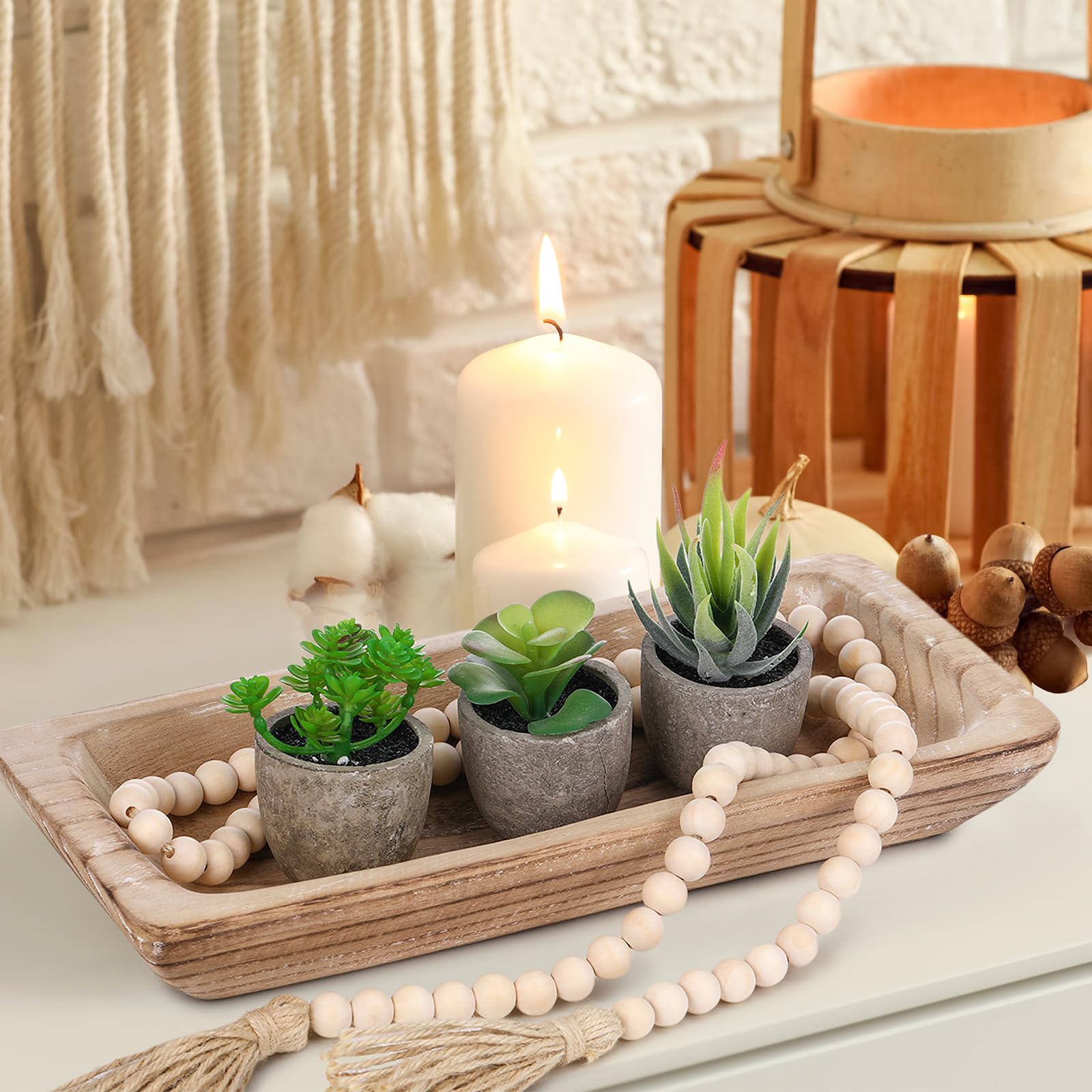 Teenyyou 17 Pcs Wooden Centerpiece Table Decorations Wood Dough Bowl Wicker Rattan Balls Beads String with Tassel Natural Decora