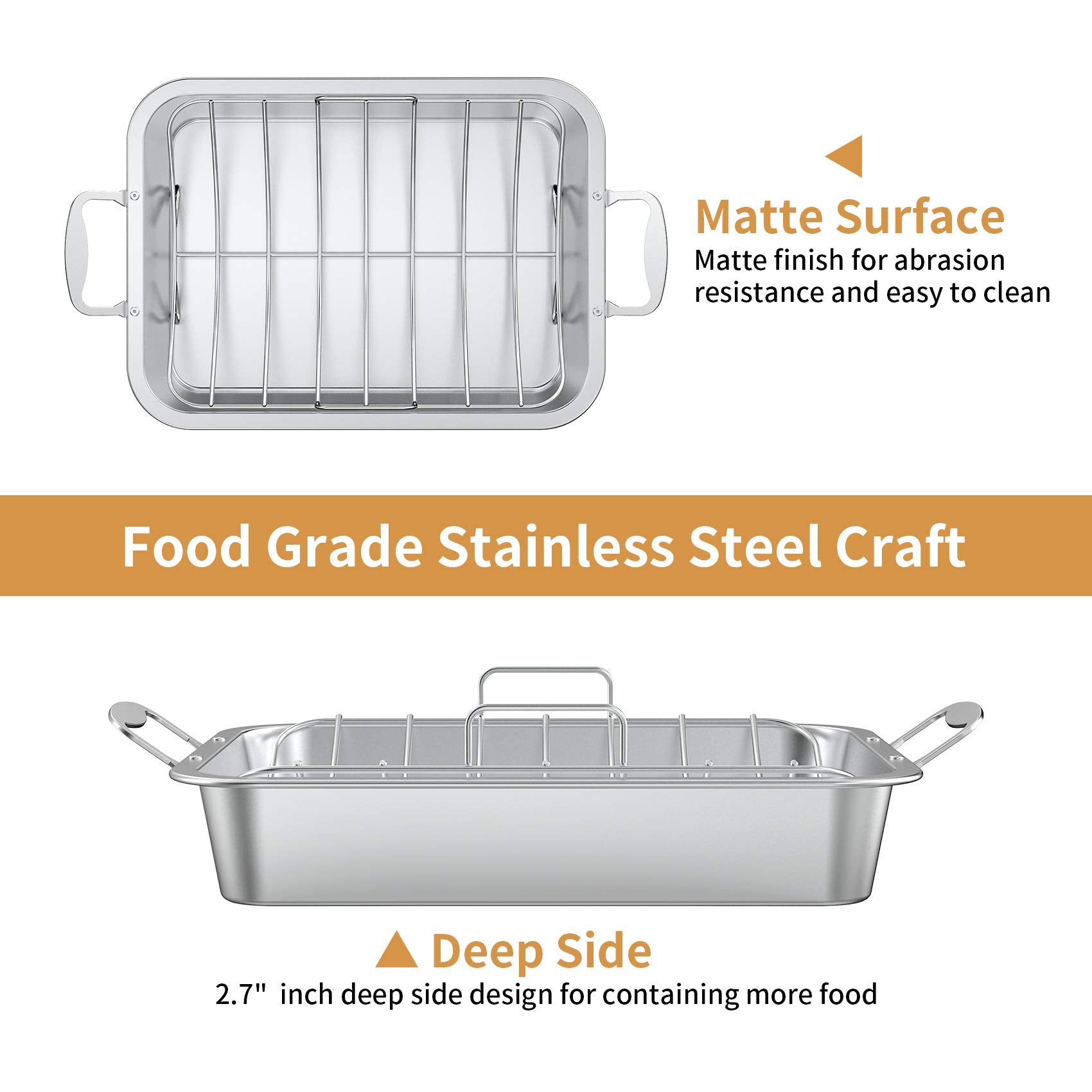 Skyflame Stainless Steel Roasting Pan with Rack, Silver, Nonstick U-Rack for Turkey, Indoor/Outdoor Oven Cooking