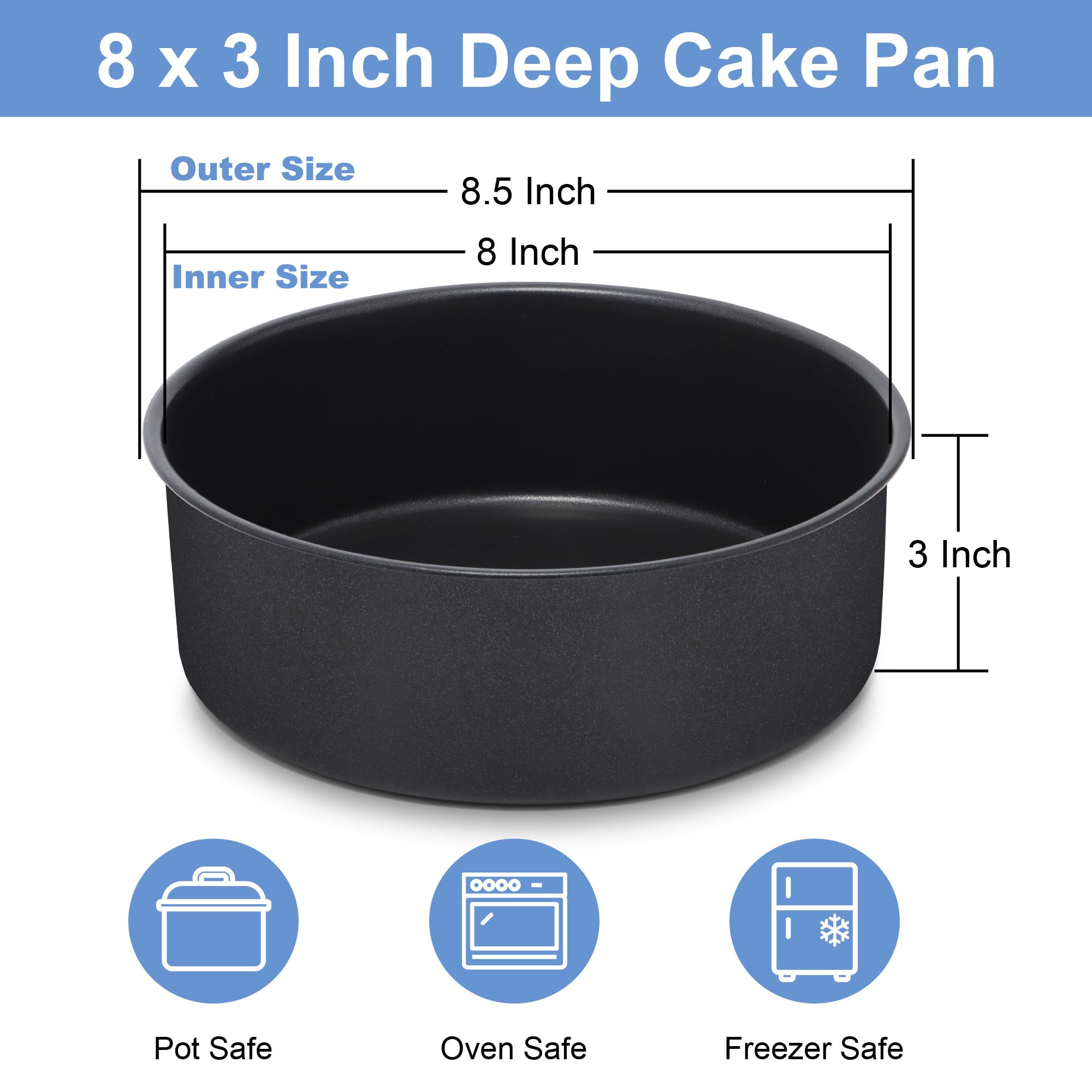 Teamfar 8 X 3 Inch Cake Pan Set, 2 Pcs Stainless Steel Black Non-Stick Coating Baking Round Cake Pan For Birthday Wedding Layer