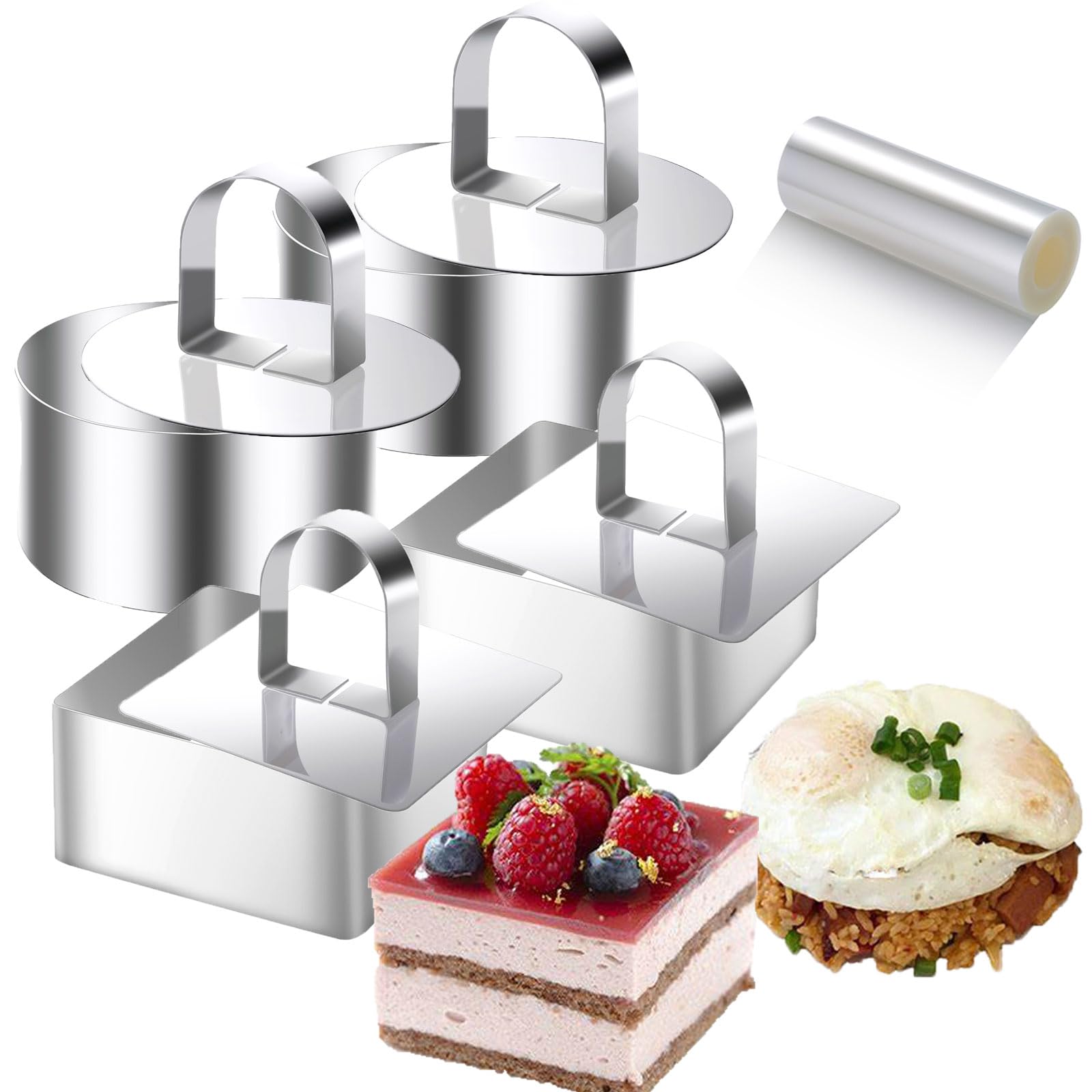 Datanya 9Pack 3.15 Food Rings Molds With 3 Inch Cake Collars Stainless Steel Cake Rings Round & Square Cooking Ring Molds With P