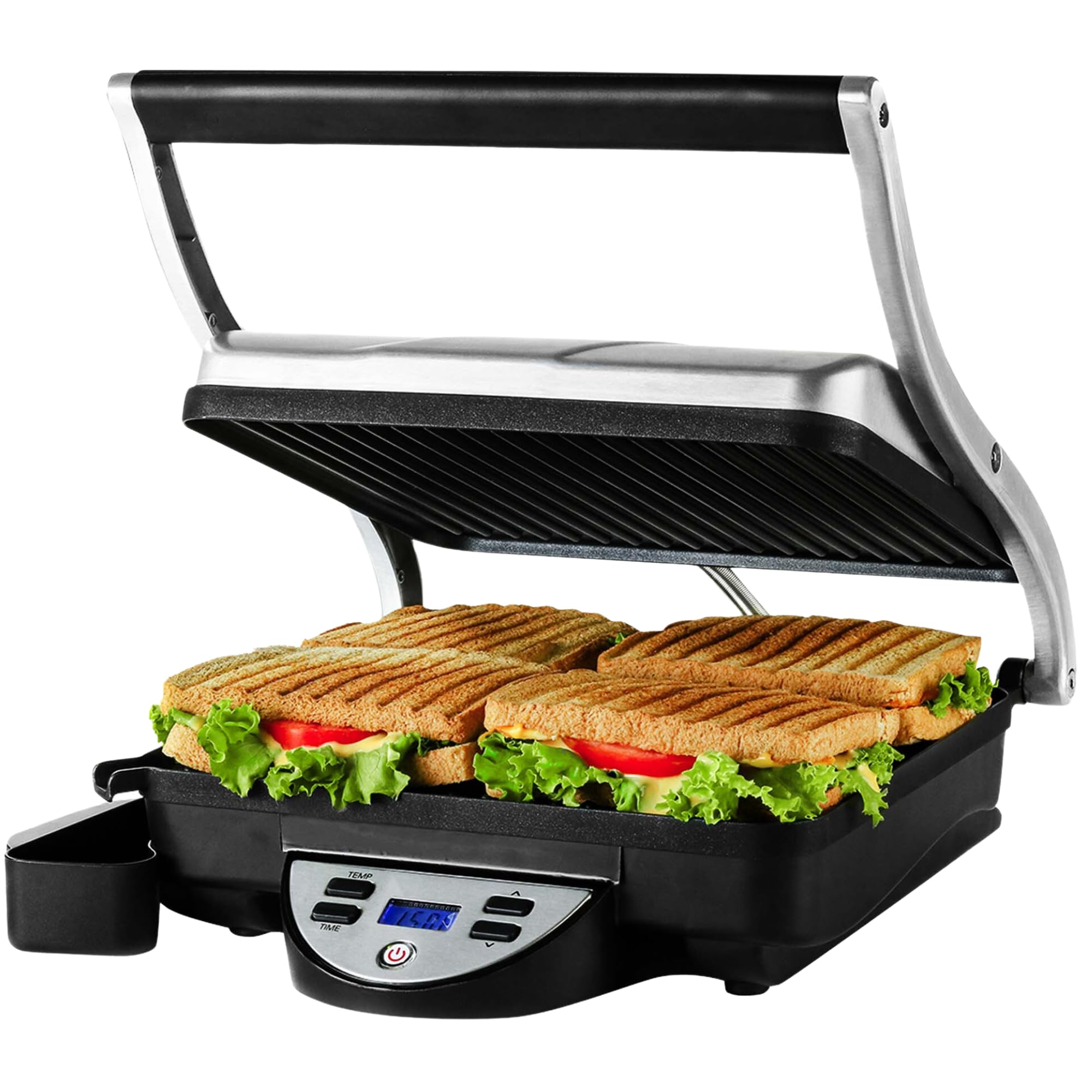 OVENTE Electric Panini Press Sandwich Maker, 1500W Indoor Grill with Nonstick Coated Plates, Digital Temperature and Timer Displ