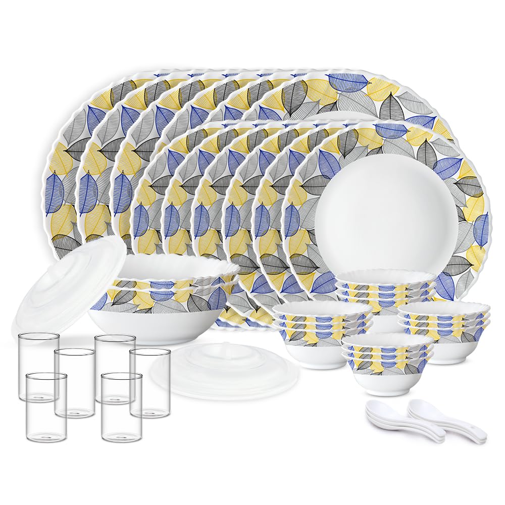 Larah By Borosil Silk Series Kora Opalware Dinner Set With Vision Glass | 40 Pcs For Family Of 6 | Microwave & Dishwasher Safe |