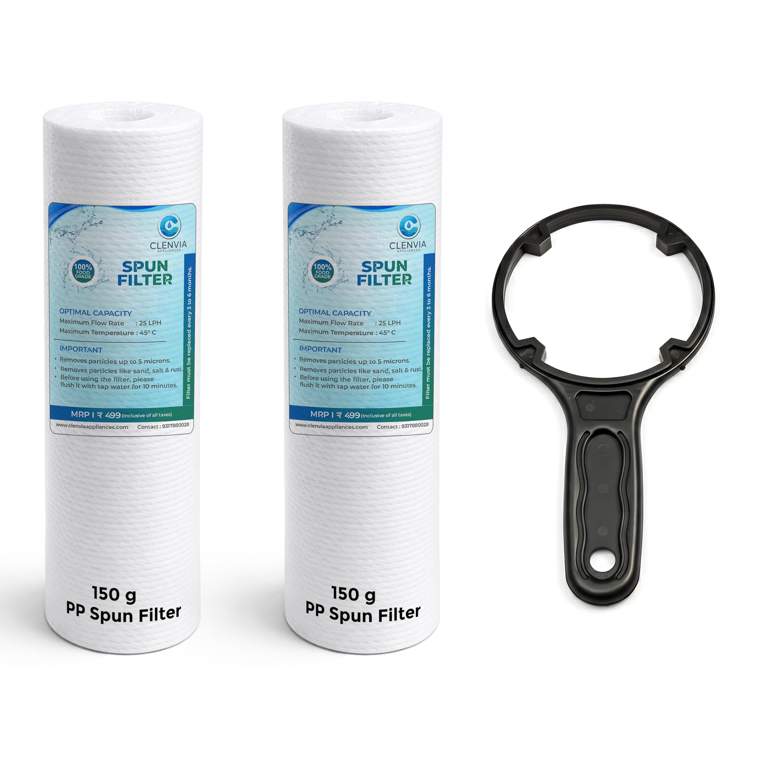 Clenvia 10 Inch 5 Micron Pp Spun Filter For Water Purifier  2 Pack + PreFilter Key (Spanner) | 150G HighDensity | FoodGrade 