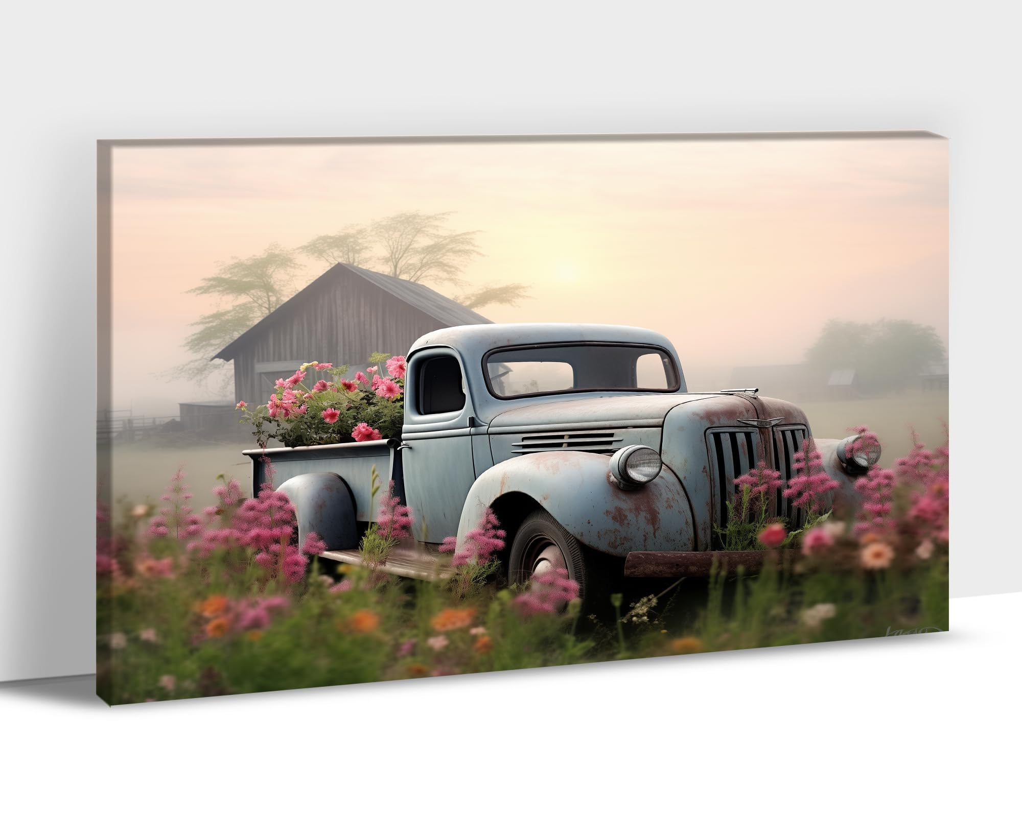 Farmhouse Old Truck Canvas Wall Art, Old Barn Pictures Wall Art, Country Antique Pickup Truck Canvas Prints, Blue Truck With Red
