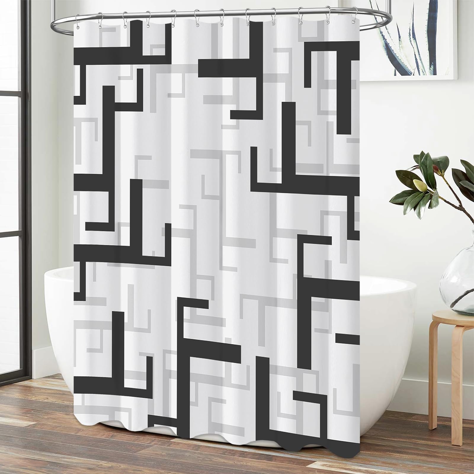BTTN Black and White Shower Curtain  Geometric Fabric Shower Curtain Set with 12 Plastic Hooks  Water Repellent  Machine Washable  Abstract Modern Decorative Cloth Shower Curtains for Bathroom  72x72