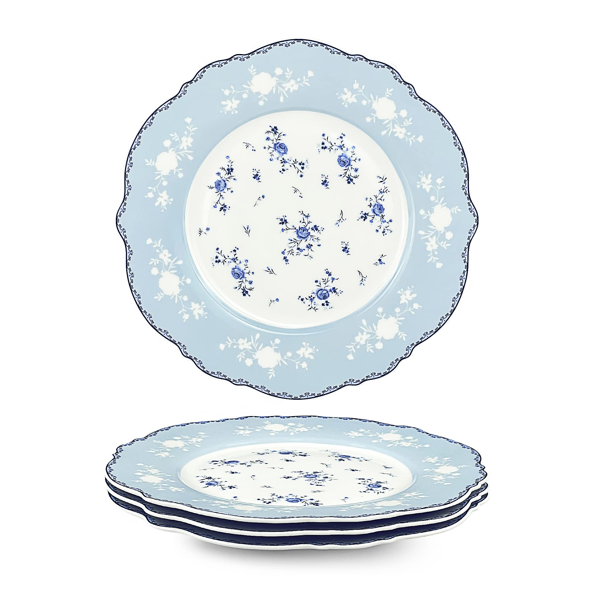 Fanquare 8 Inch Porcelain Dessert Plates Set Of 4, Lace Serving Bowls Set For Salad, Soup, Pasta, Snack, Blue Roses