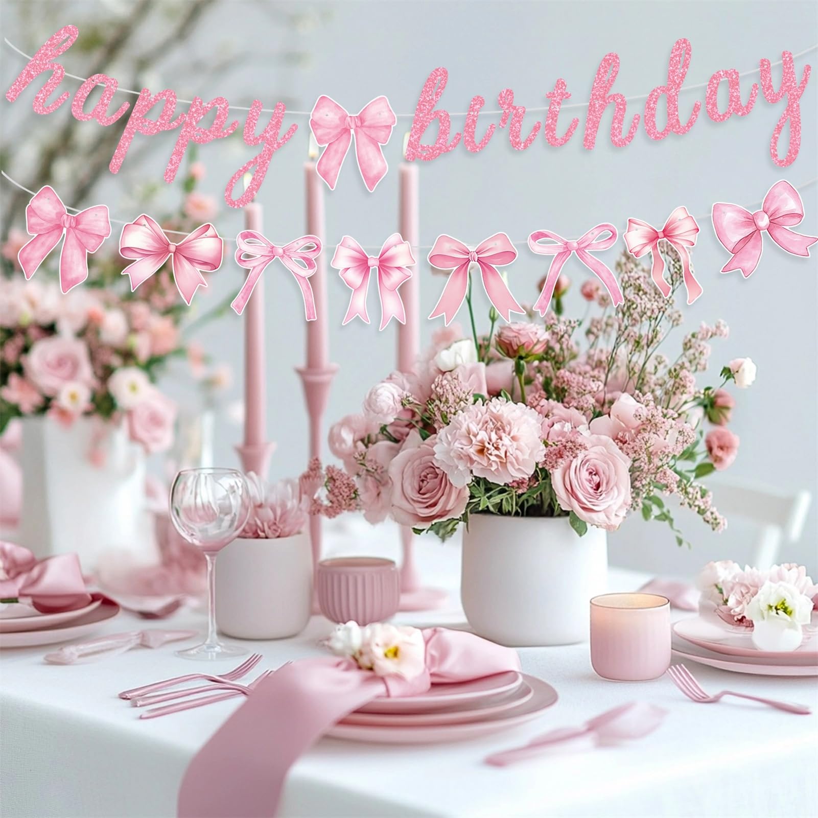 Pink Bow Happy Birthday Banner Garland for Girl Pink White Bow Party Decor Coquette Birthday Party Decorations