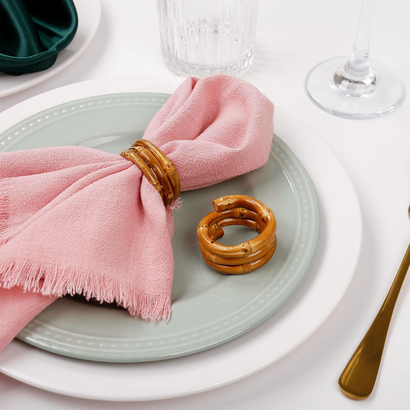 Loghog Wood Bamboo Napkin Rings Set Of 8, Handmade Rattan Napkin Holder Rings Table Decorations For Wedding, Valentine'S, Banque