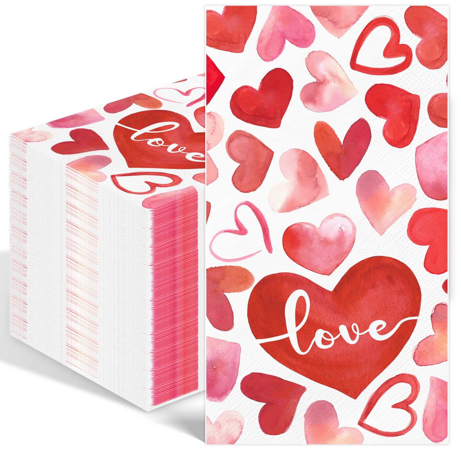 100Pcs Watercolor Heart Valentines Day Napkins Disposable Hand Towels For Bathroom 3 Ply Red Pink Heart Love Paper Napkins Decor