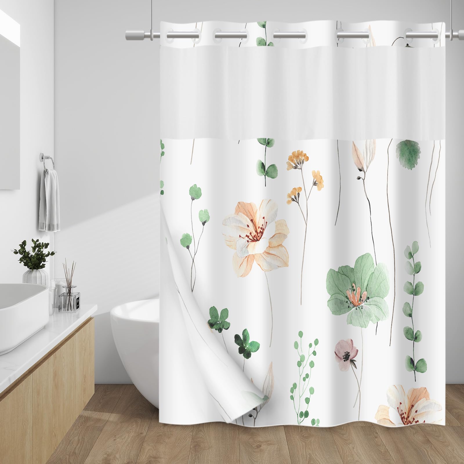 Withloc No Hook Shower Curtain With Snap In Liner - Floral Shower Curtain - Fabric Waterproof Inner Liner, Plants Watercolor Sag