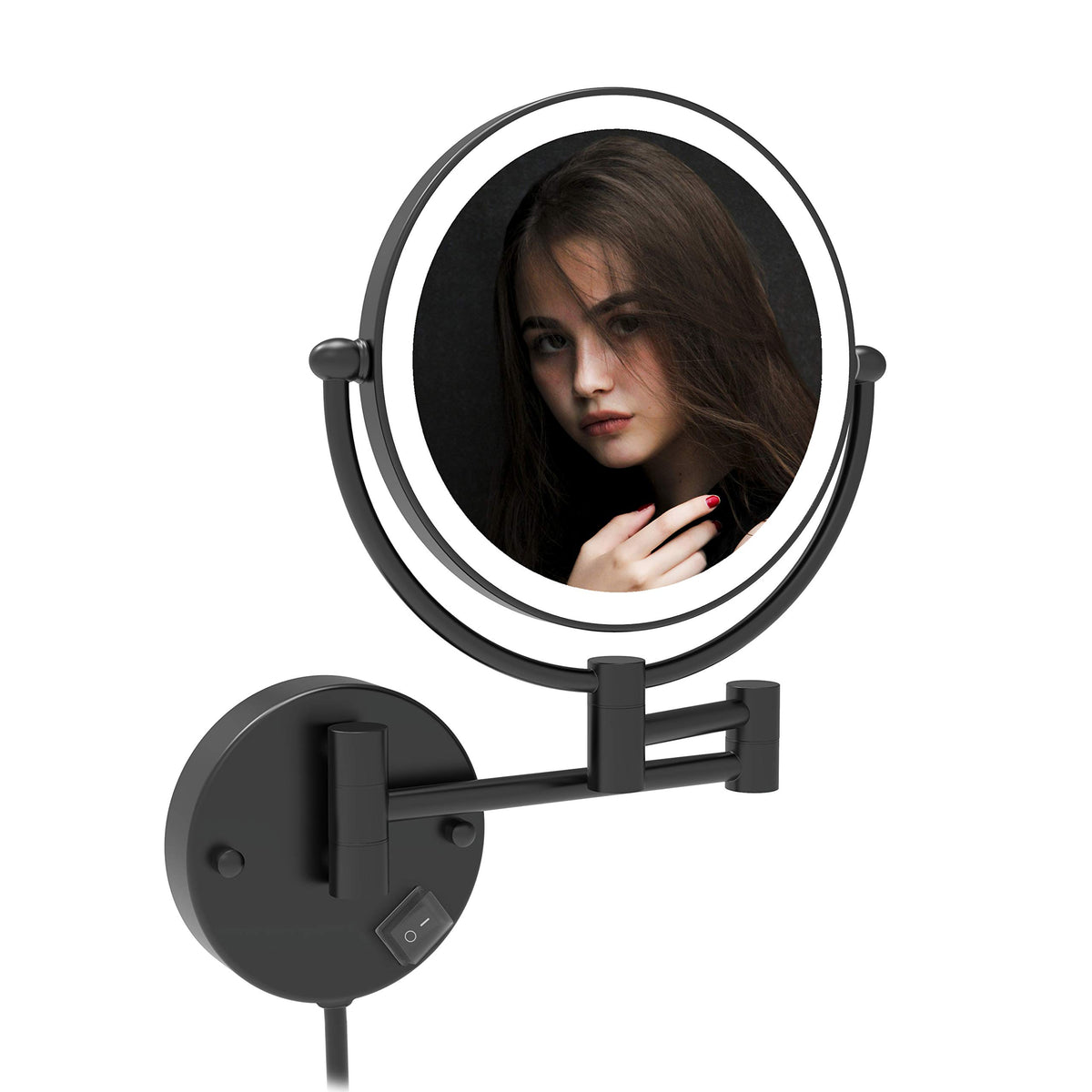 Fixsen 8 Inch Led Wall Mount Two-Sided Magnifying Makeup Vanity Mirror 12 Inch Extension Matte Black 1X/10X Magnification Plug 3