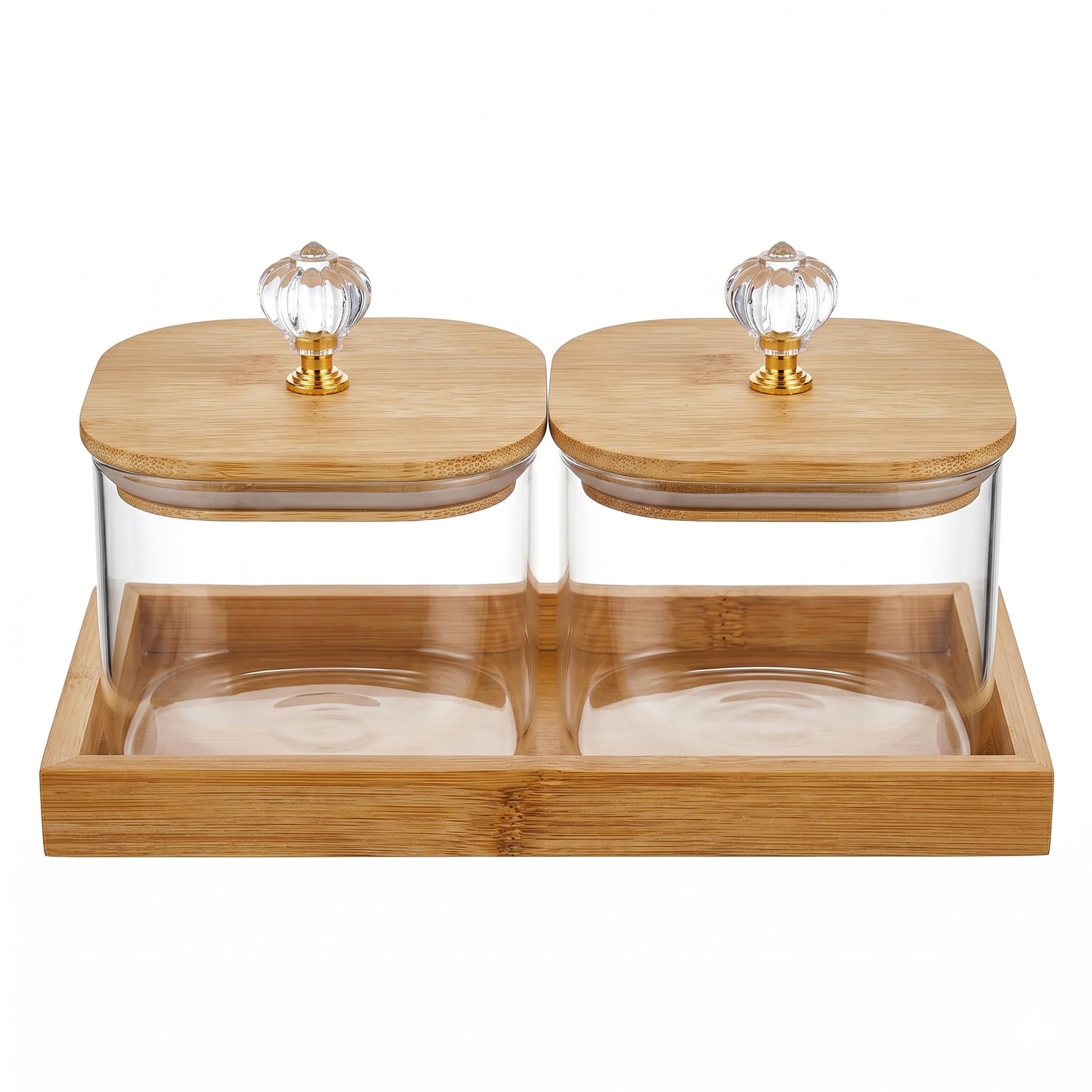 Mahantik 500Ml Glass Storage Jar Set With Bamboo Tray & Airtight Bamboo Lid, Transparent Kitchen Containers For Dry Fruits, Snac