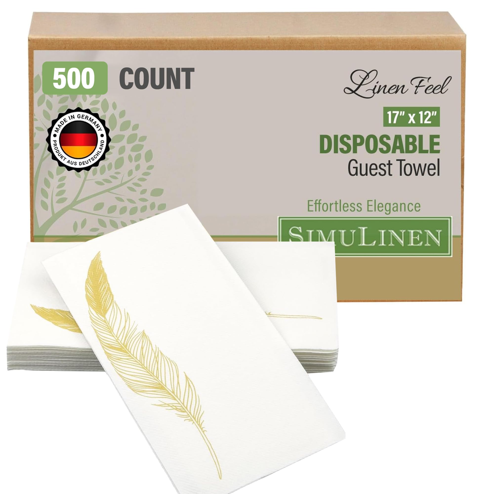 SimuLinen Decorative Gold Feather Design Paper Towels - Hand Towels for Bathroom - Cloth-Like, Linen-Feel for Guest Bathroom Ess