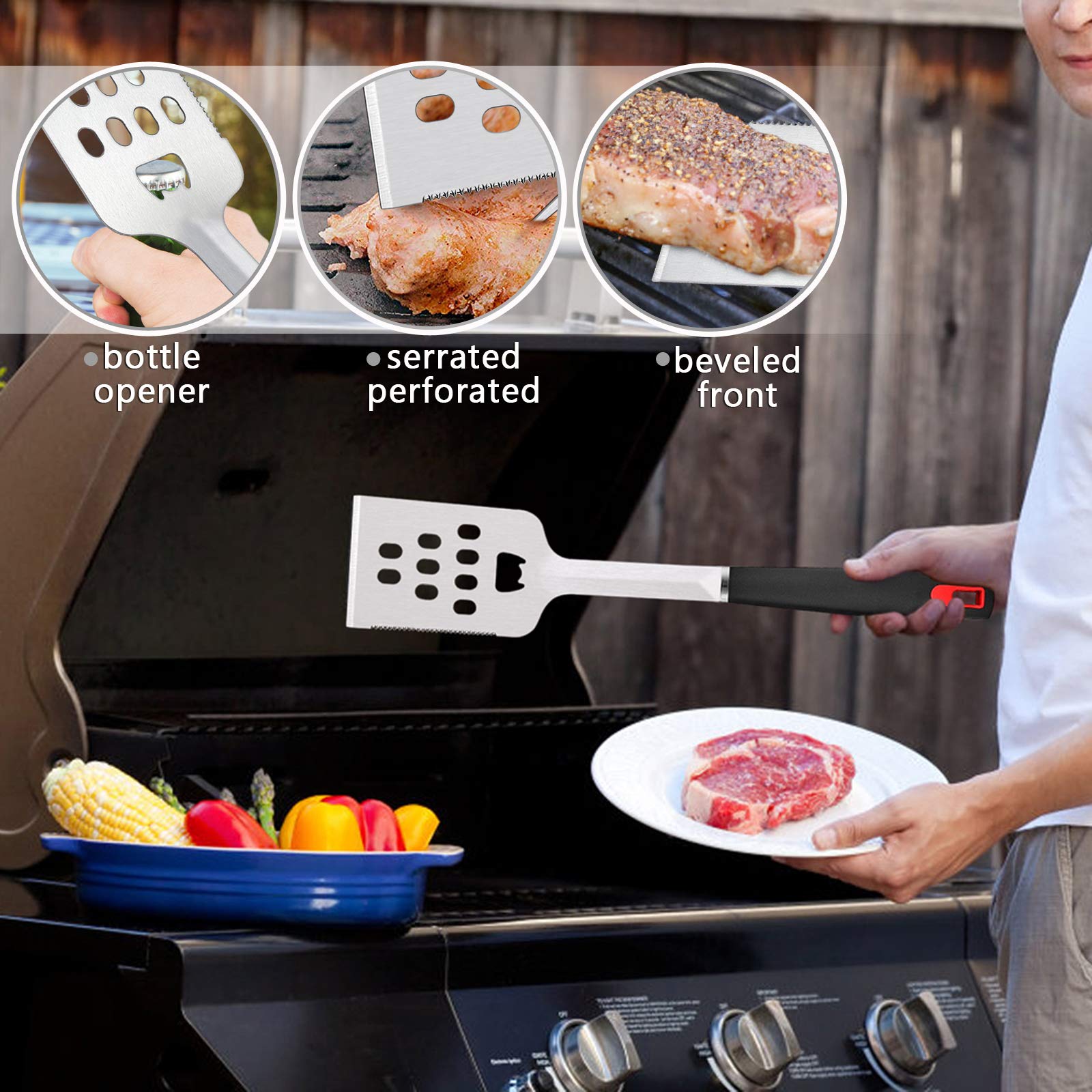 HaSteeL BBQ Grill Accessories Set of 7  Stainless Steel Grilling Tools Set with Storage Bag  Heavy Duty Grill Spatula  Tong  Fork  Basting Brush  Cleaning Brush  Dishwasher Safe & Man?s Gift