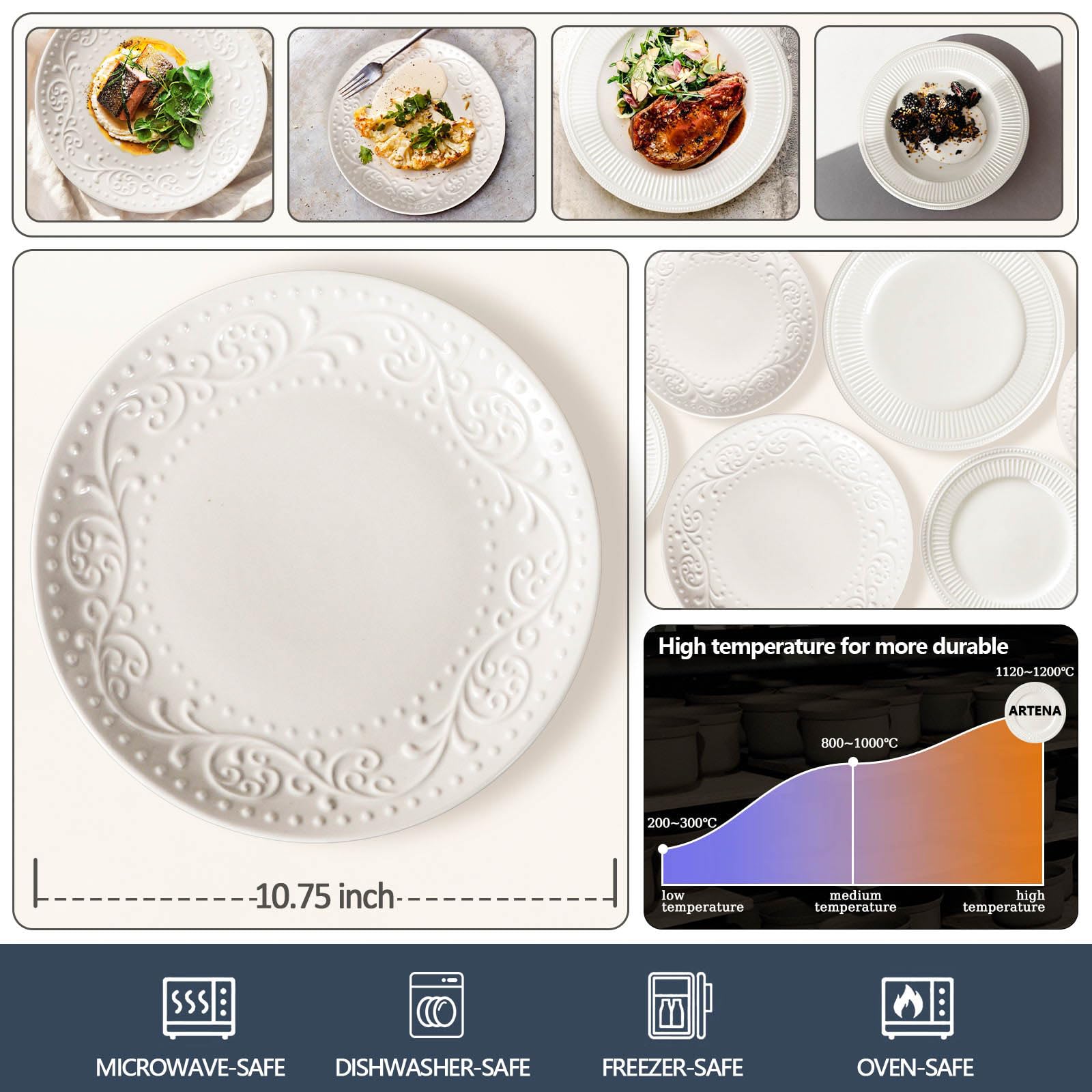 Artena Ceramic Dinner Plates Set Of 4, 10.75 Inch Embossed White Kitchen Plates For Salad, Dessert, Appetizer, Steak, Serving Di