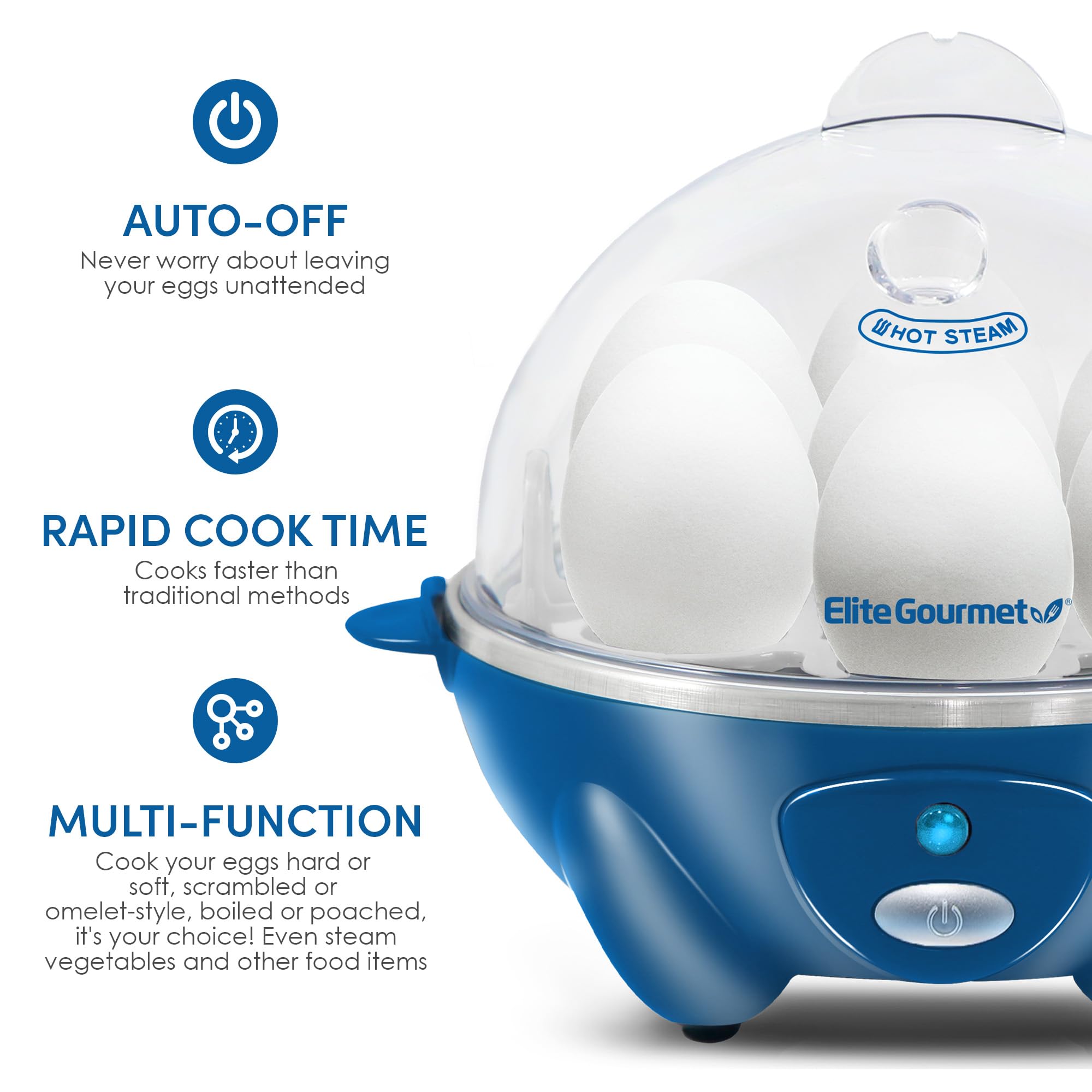 Elite Gourmet Egc700Bl# Rapid Egg Cooker, 7 Easy-To-Peel, Hard, Medium, Soft Boiled Eggs, Poacher, Omelet Maker, Auto Shut-Off,