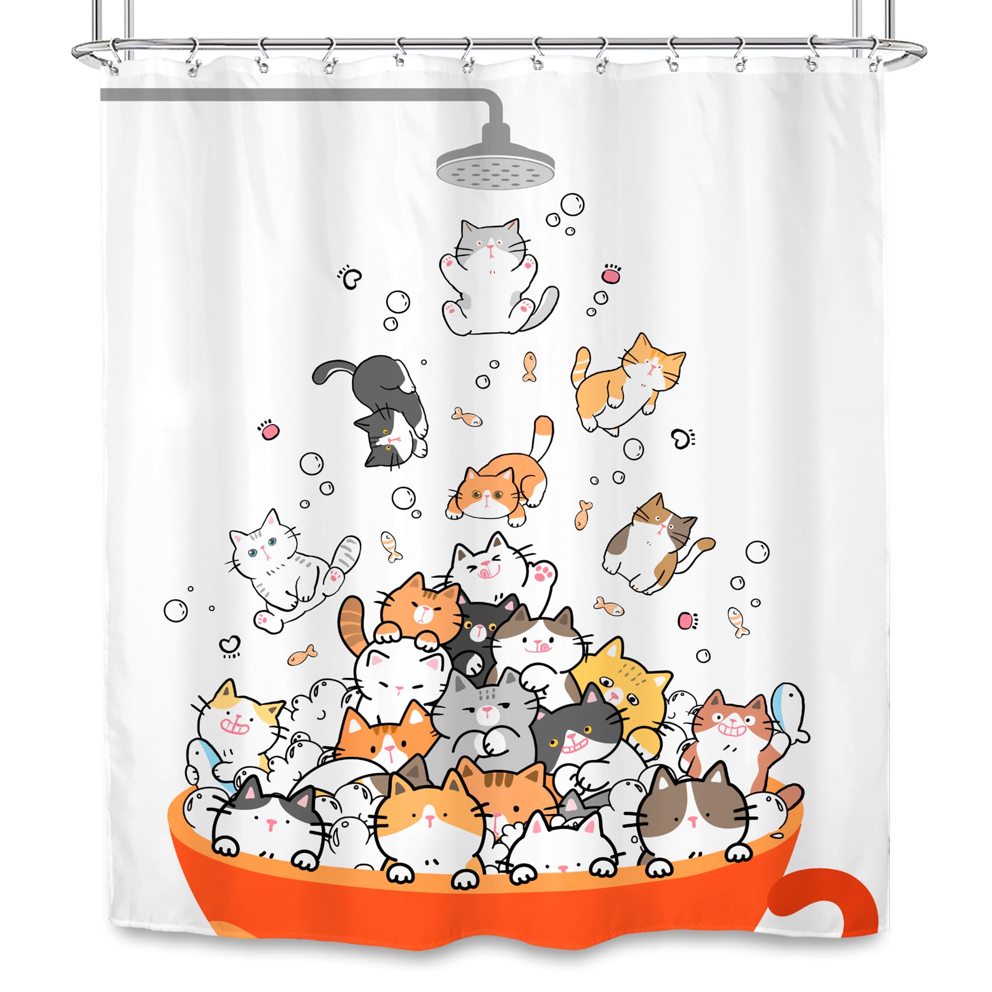 Svbright Cute Cats Shower Curtain 60Wx72L Inch Kids Cartoon Animal Funny Raining Hilarious Lovely Pets Playing Water Kawaii Girl