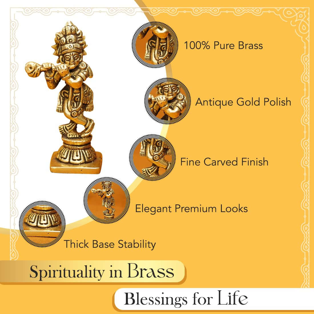 Ekhasa 100% Pure Brass Lord Krishna Idol with Flute (8 cm) | Shree Lord Krishna Statue for Home Decor | Kanha Ji ki Murti for Of