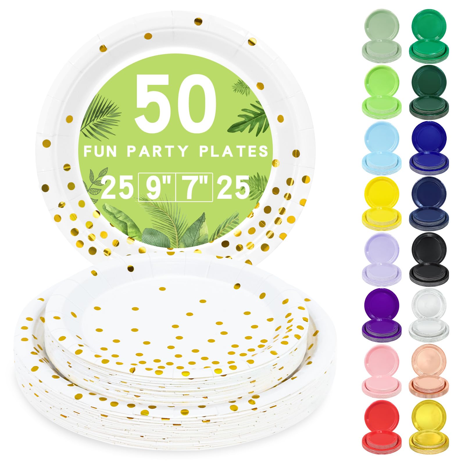 LANLISA 50 White and Gold Paper Plates Set Includes 25-9 & 25-7 Disposable Birthday Cake Dessert Plates for Party Supplies