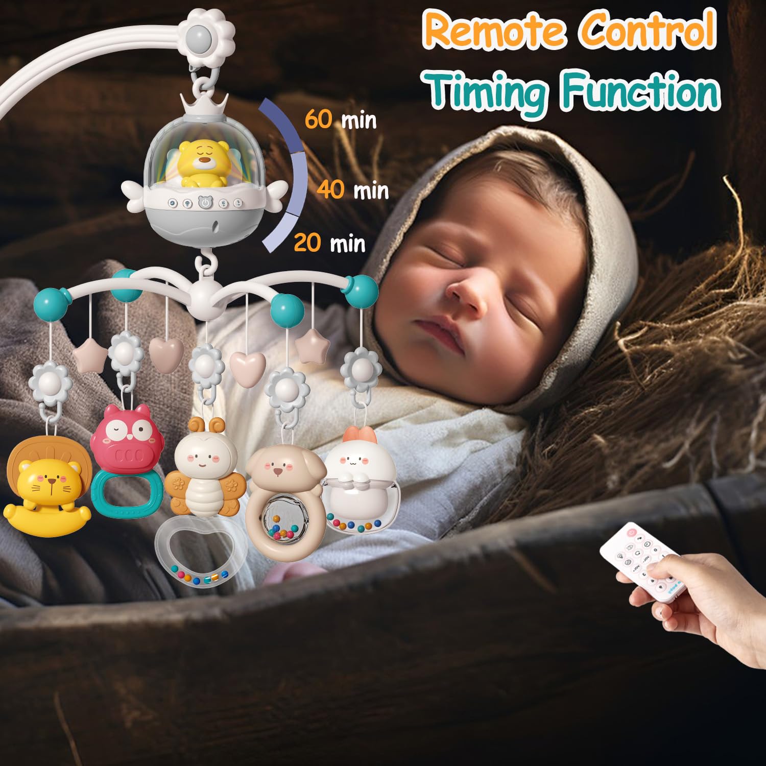 Baby Crib Mobile with Music and Light, Projector Function & Remote Control, Musical Nursery Hanging Mobile for Infants Newborn G