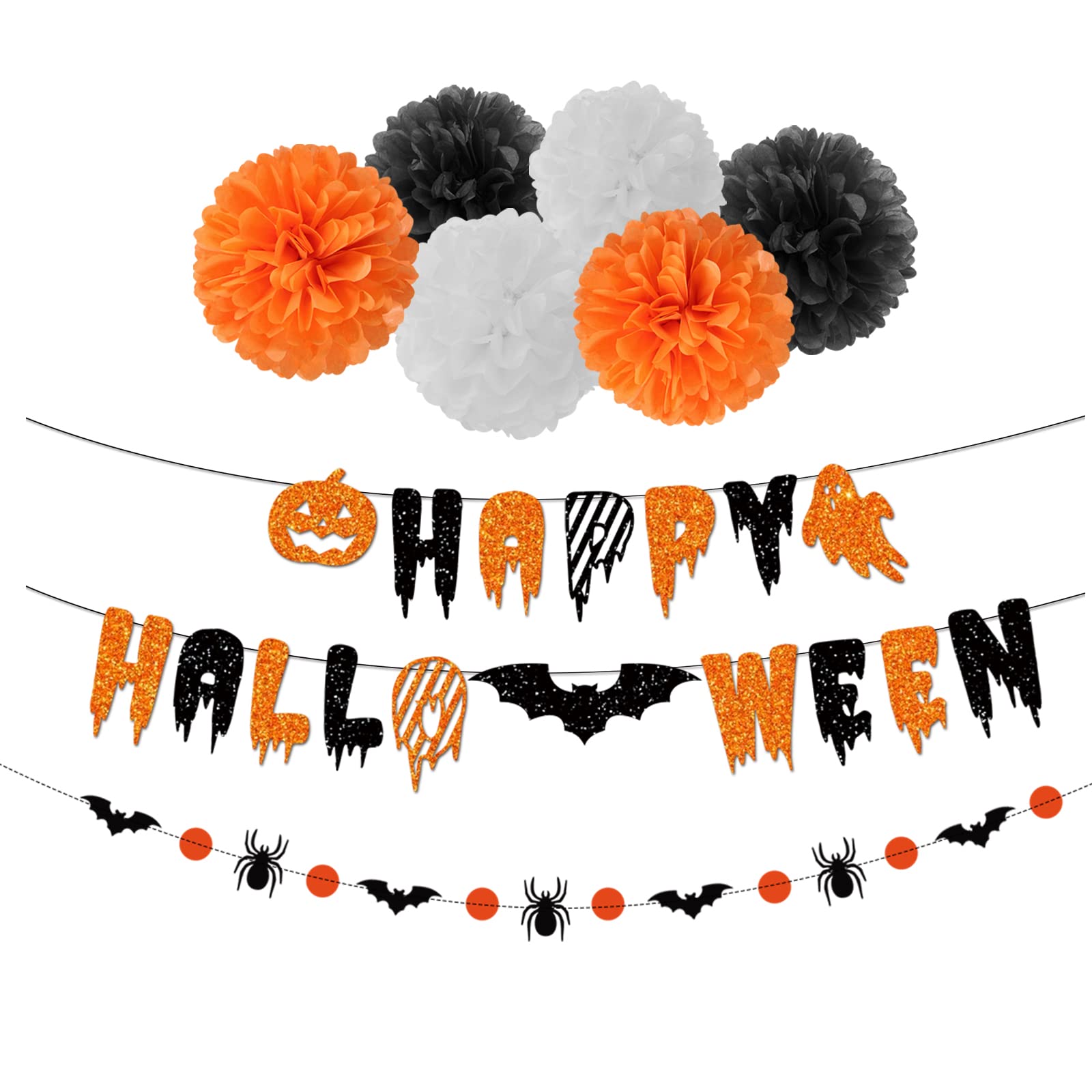 Black Orange White Halloween Party-Decorations - 8Pcs Kits Happy Halloween Banner, Tissue Flower Paper Pom Poms Streamers,Bat De