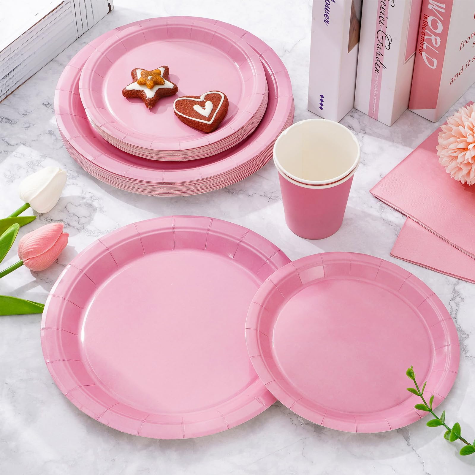 Whaline 100Pcs Valentine'S Day Light Pink Tableware Set Wedding Disposable Dinnerware Set 50Pcs Paper Plates 25Pcs Napkins 25Pcs