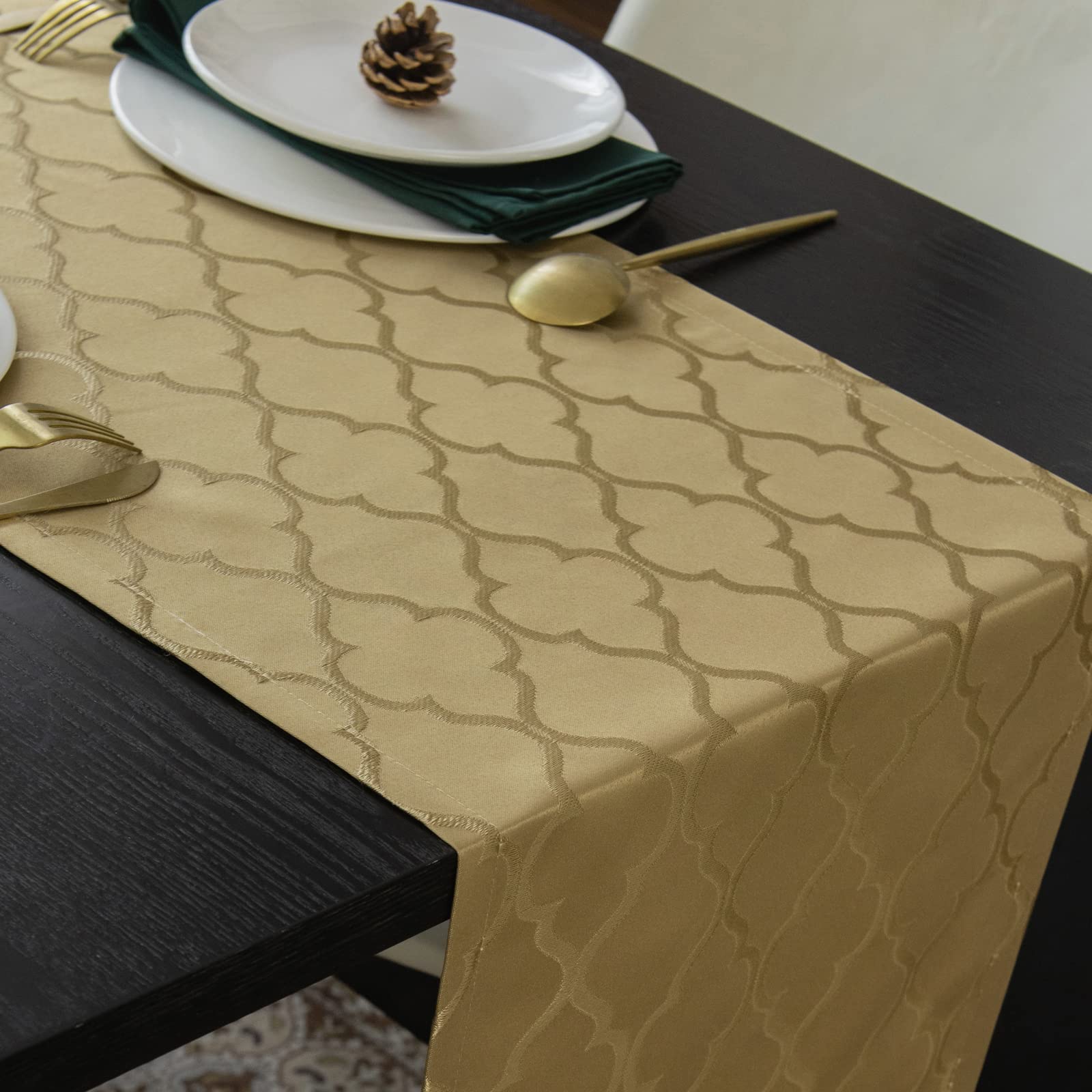 Joyfol Day Jacquard Beige Gold Table Runner,Dresser Scarf,Rectangular Polyester Wrinkle Resistant Damask Table Runners For Kitch