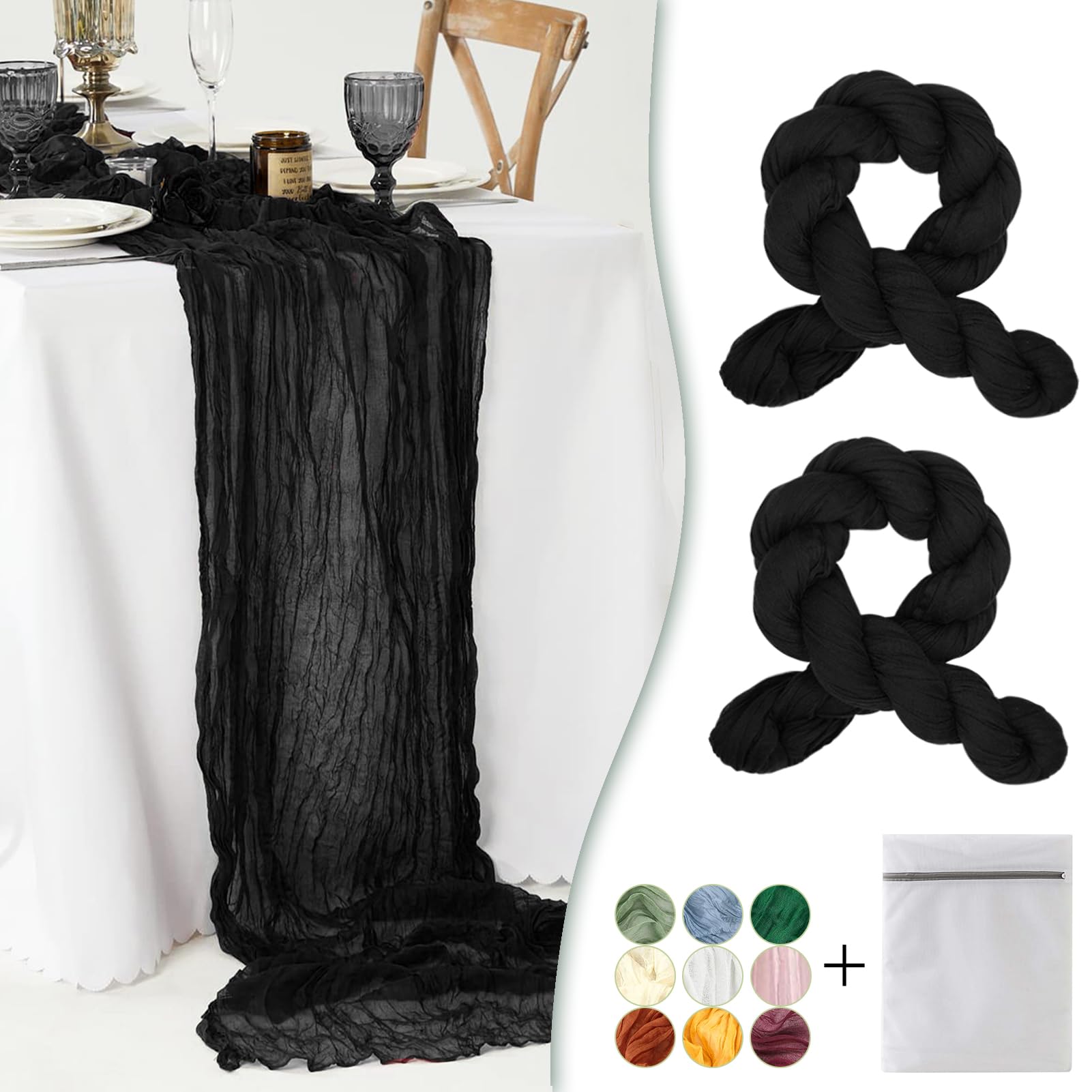 Waligoy Black Cheesecloth Table Runner 2 Pack 35'' Boho Gauze Table Runner 120 Inches Long Table Runner Rustic Sheer Fabric Bulk