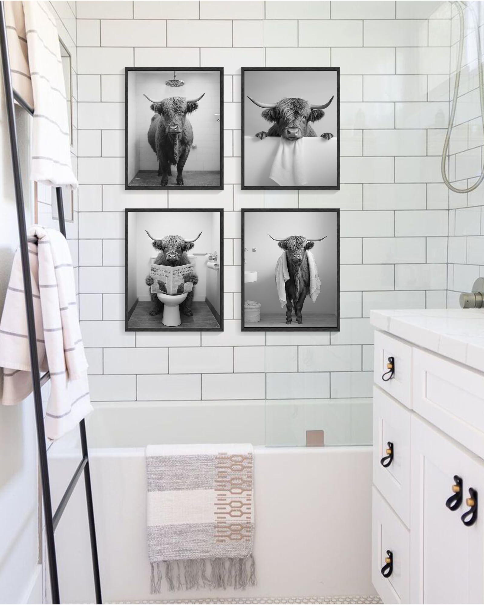 Funny Highland Cow Bathroom Wall Art Framed Black And White Rustic Cute Bathroom Canvas Prints For Bathroom Restroom Decor 11X14