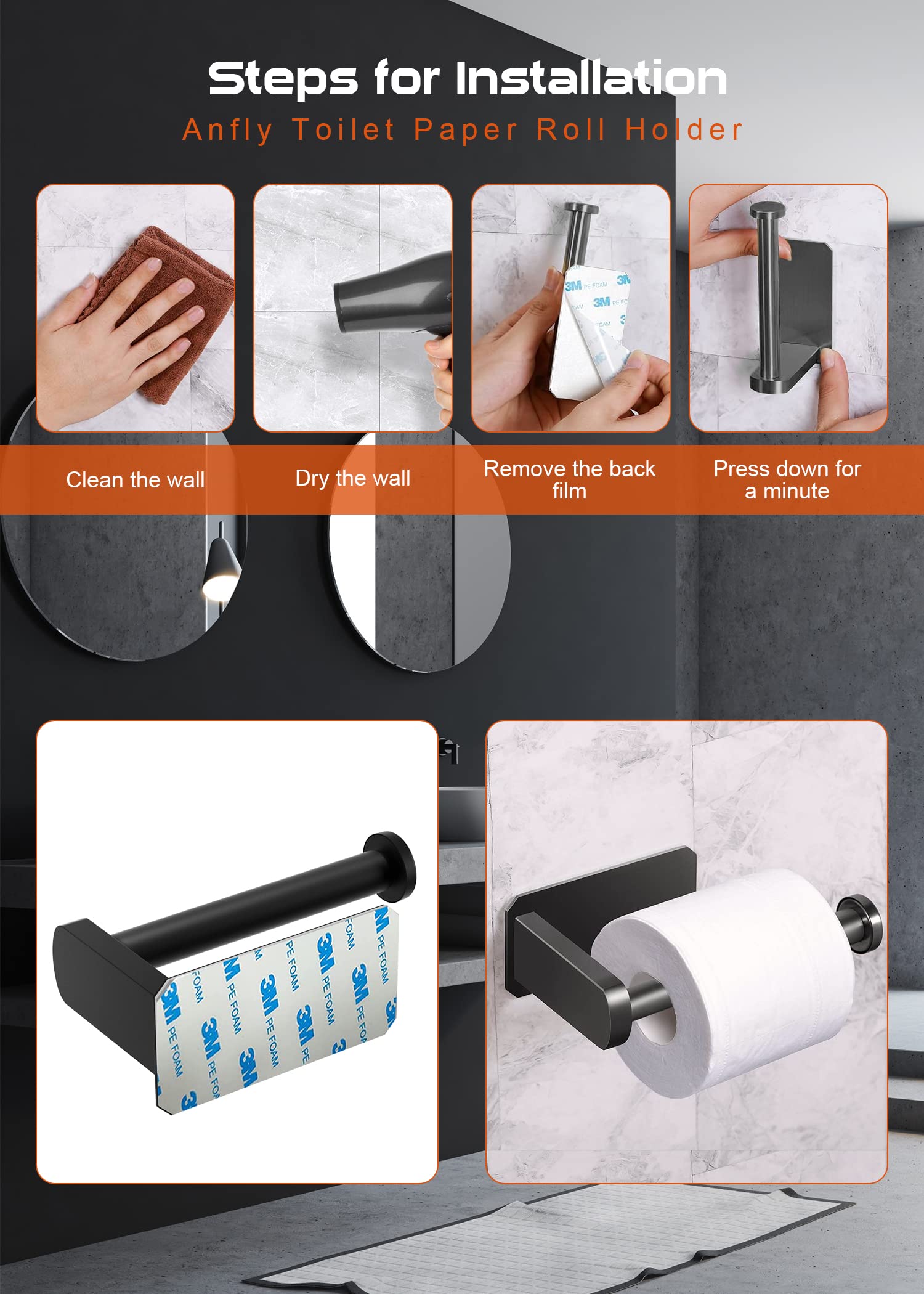 Anfly RV Camper Self Adhesive Toilet Paper Holder with 2 Hanging Hooks for Campers  Bathroom  Kitchen and Bedroom No Drill/Stick On Toilet Paper Holder Wall Mount  Black