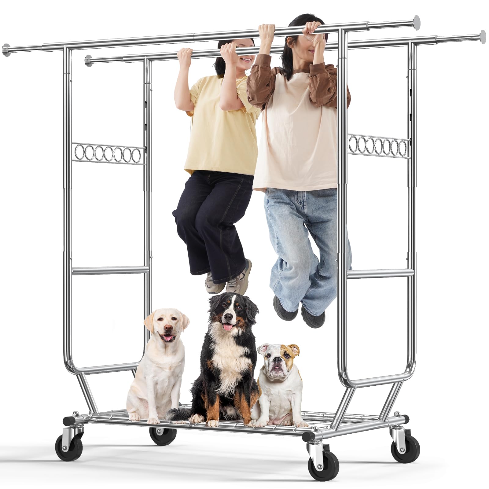 HOKEEPER Clothes Rack Heavy Duty Clothing Rack Load 650 LBS Collapsible Garment Rack with Wheels Double Rod Clothes Rack for Han
