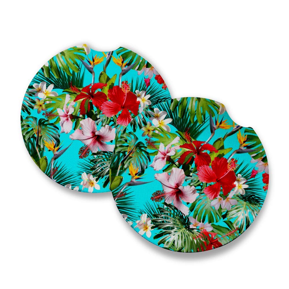 Tropical Red Hibiscus | Car Coasters For Drinks Set Of 2 | Perfect Car Accessories With Absorbent Coasters. Car Coaster Measures