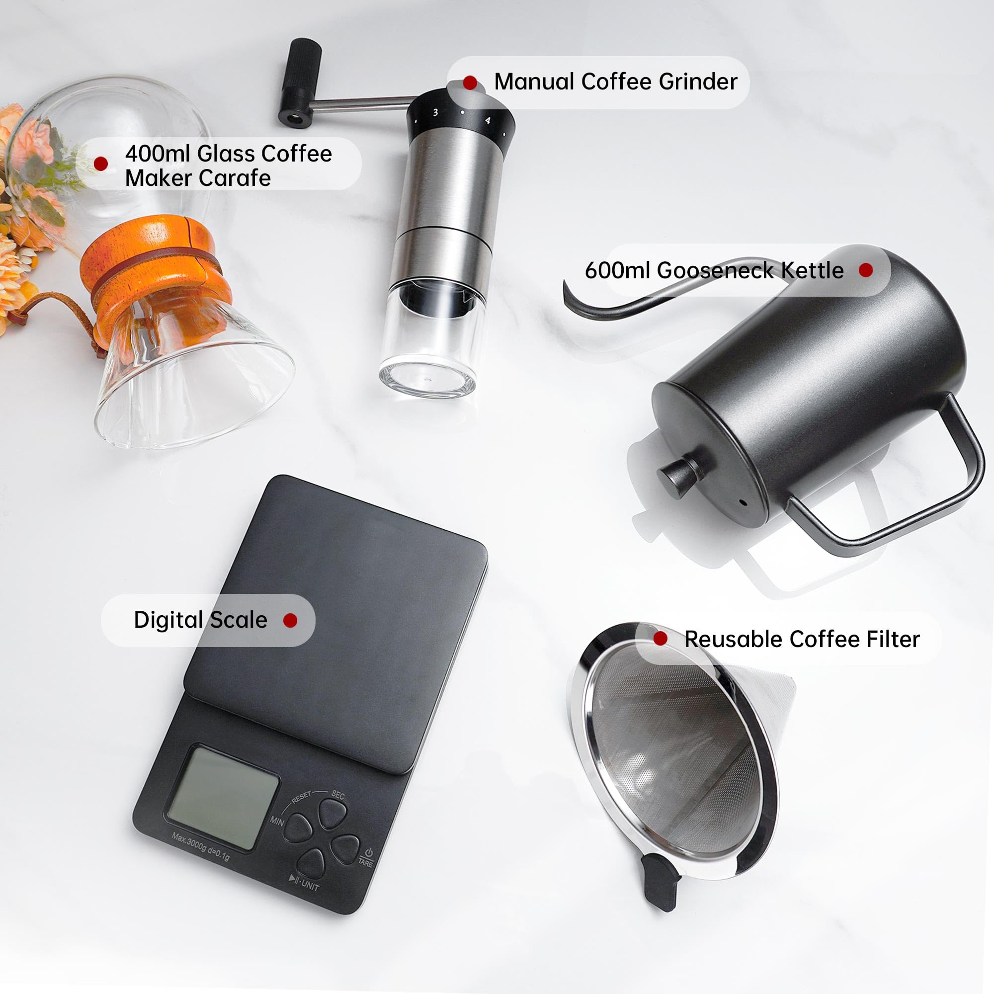 Pour Over Coffee Kit Chemex Coffee Maker Set, All In One Hand Drip Coffee Set, Coffee Grinder Manual Set, Ideal For Anniversary