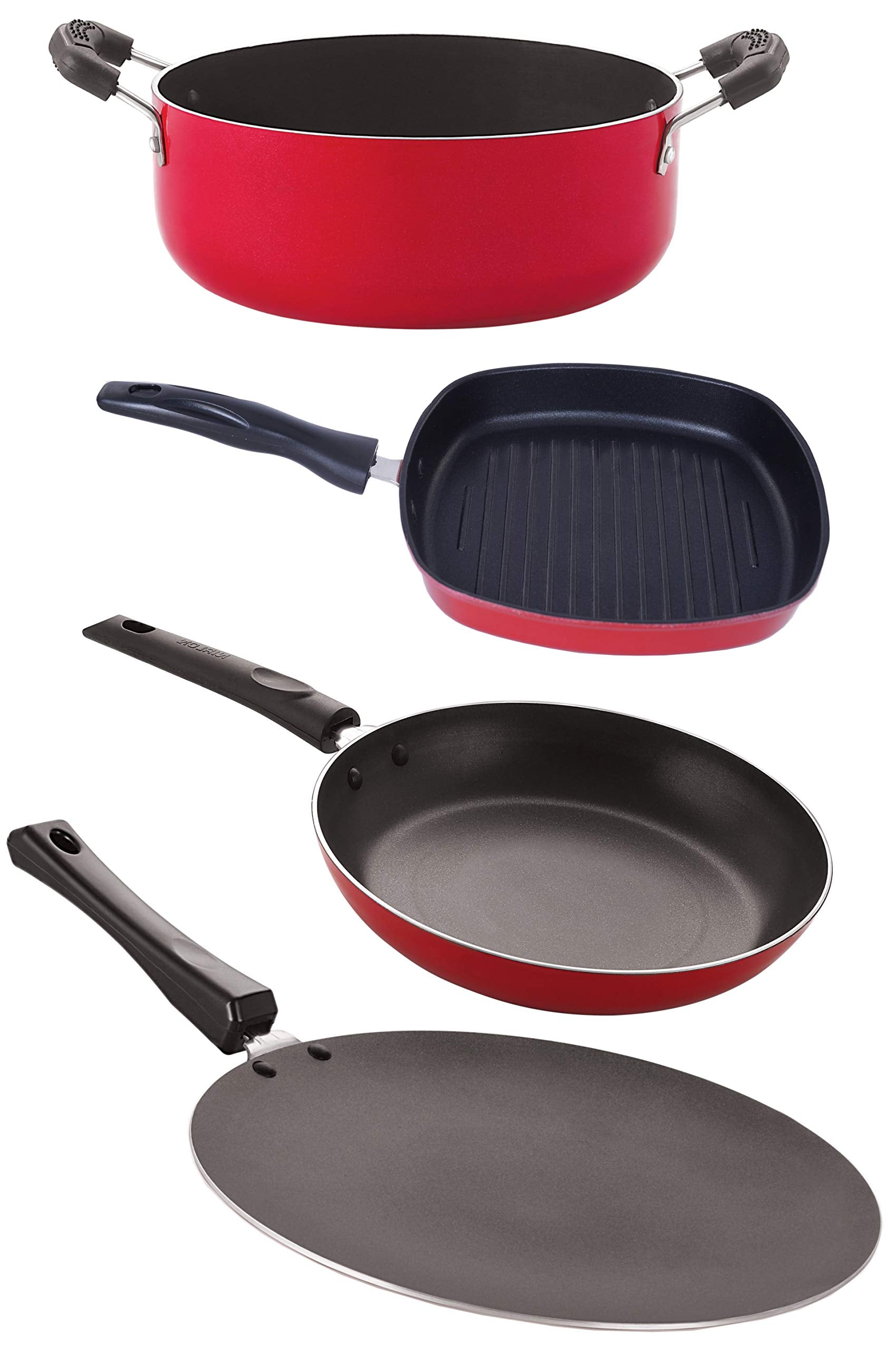 Nirlon Non Stick Cookware Set Combo With Bakelight Handle, 4 Pieces(Ct12_Tp22_Gp24.5_Cs24)