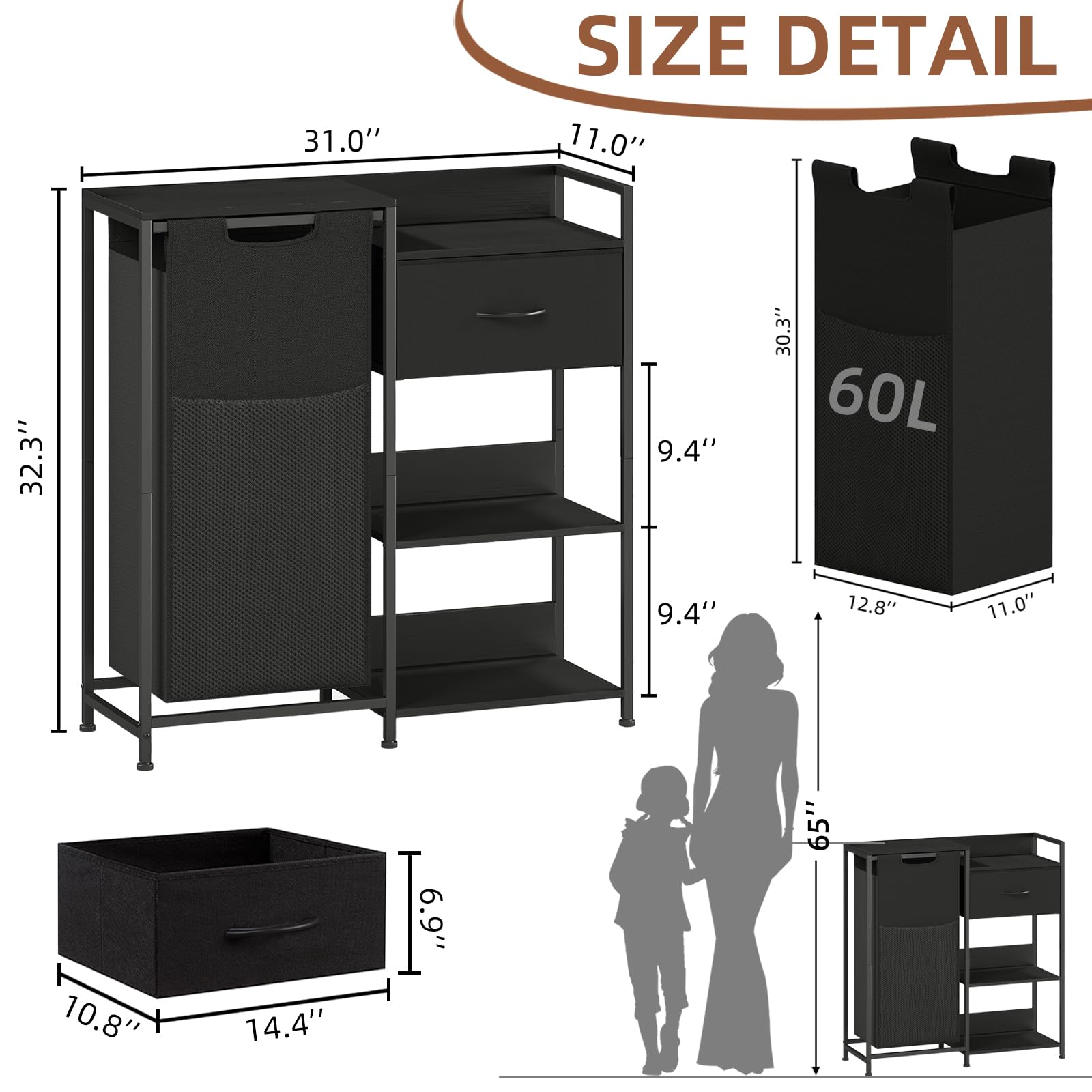 Somdot Laundry Hamper With Fabric Drawer And Shelves, Laundry Basket Sorter With 15.8 Gallons (60L) Pull-Out And Removable Bag,